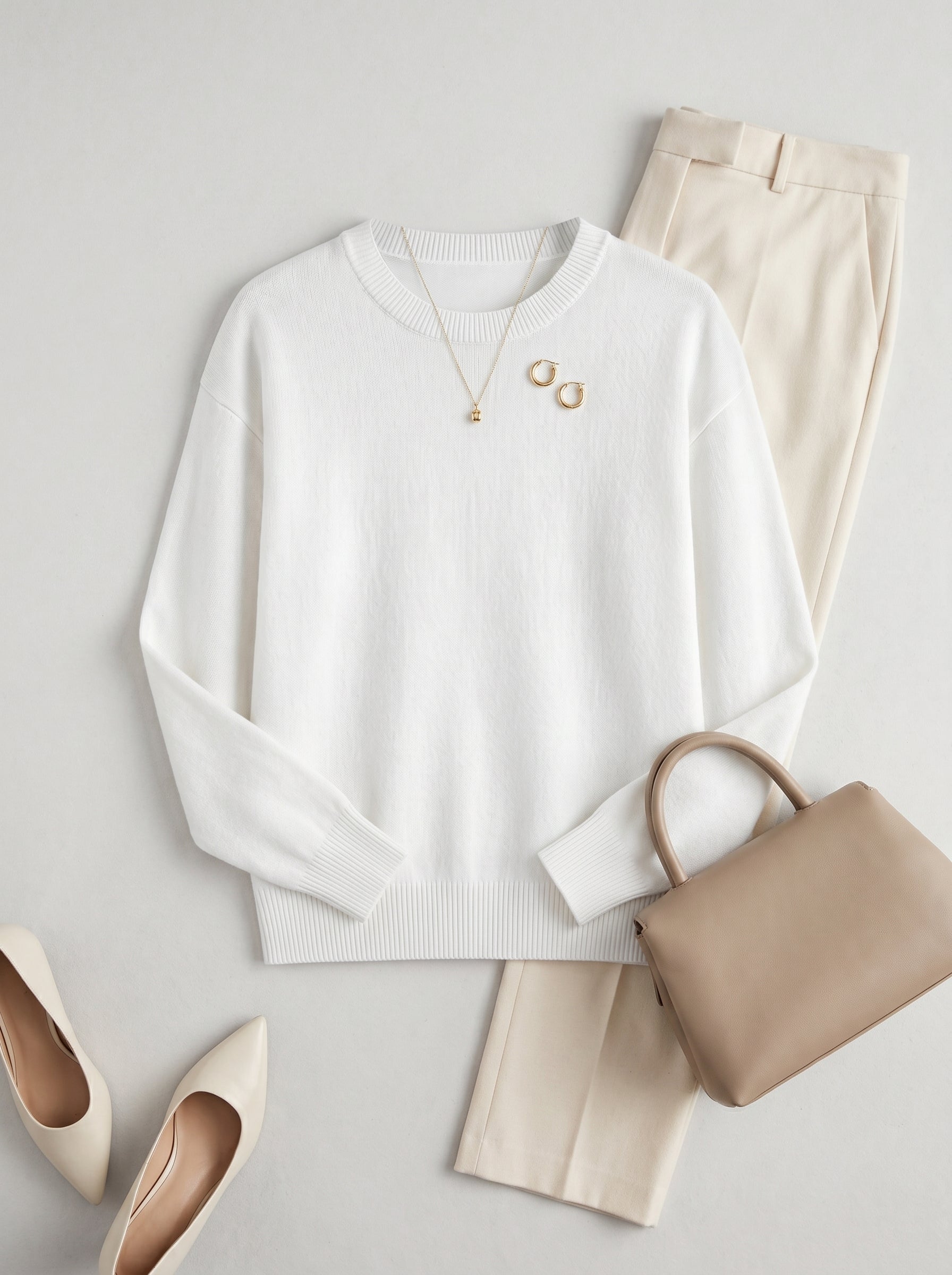 Women's Colorblock Crew Neck Cashmere Sweater — White