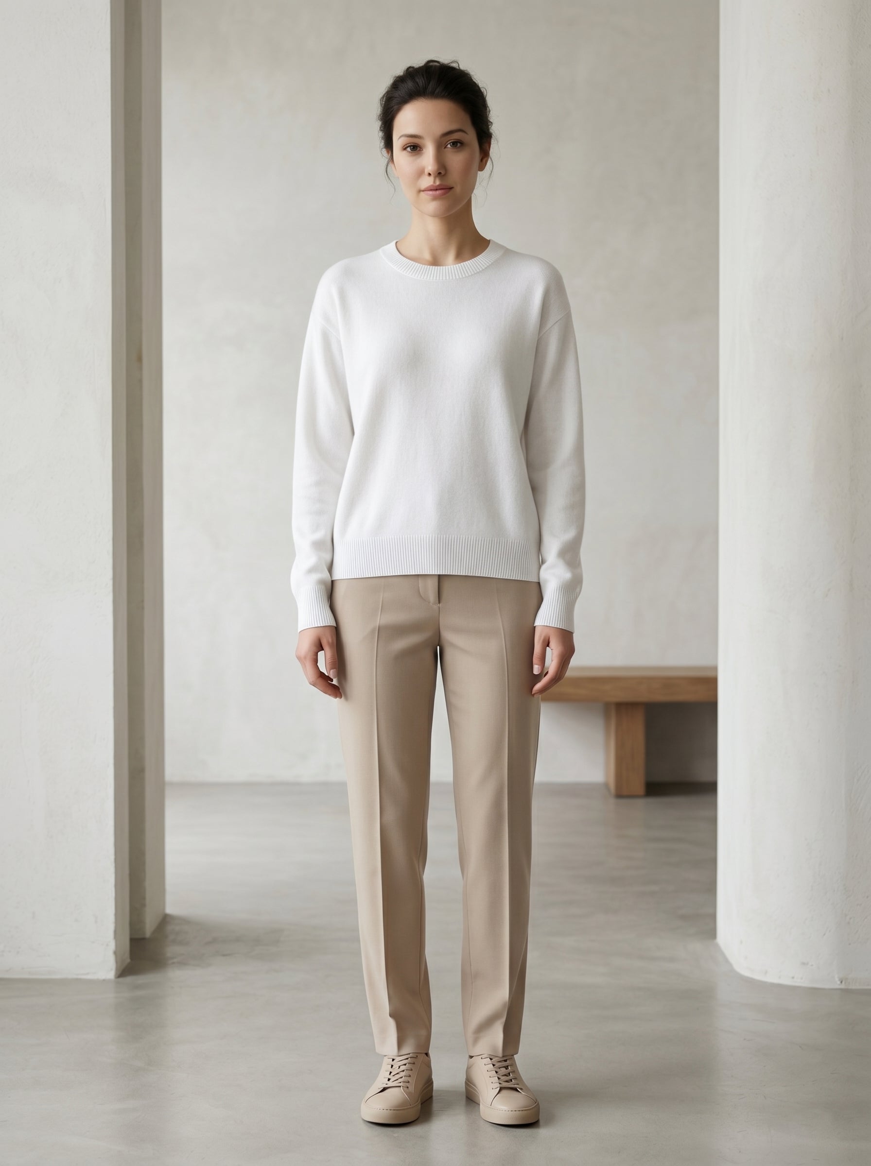 Women's Colorblock Crew Neck Cashmere Sweater — White
