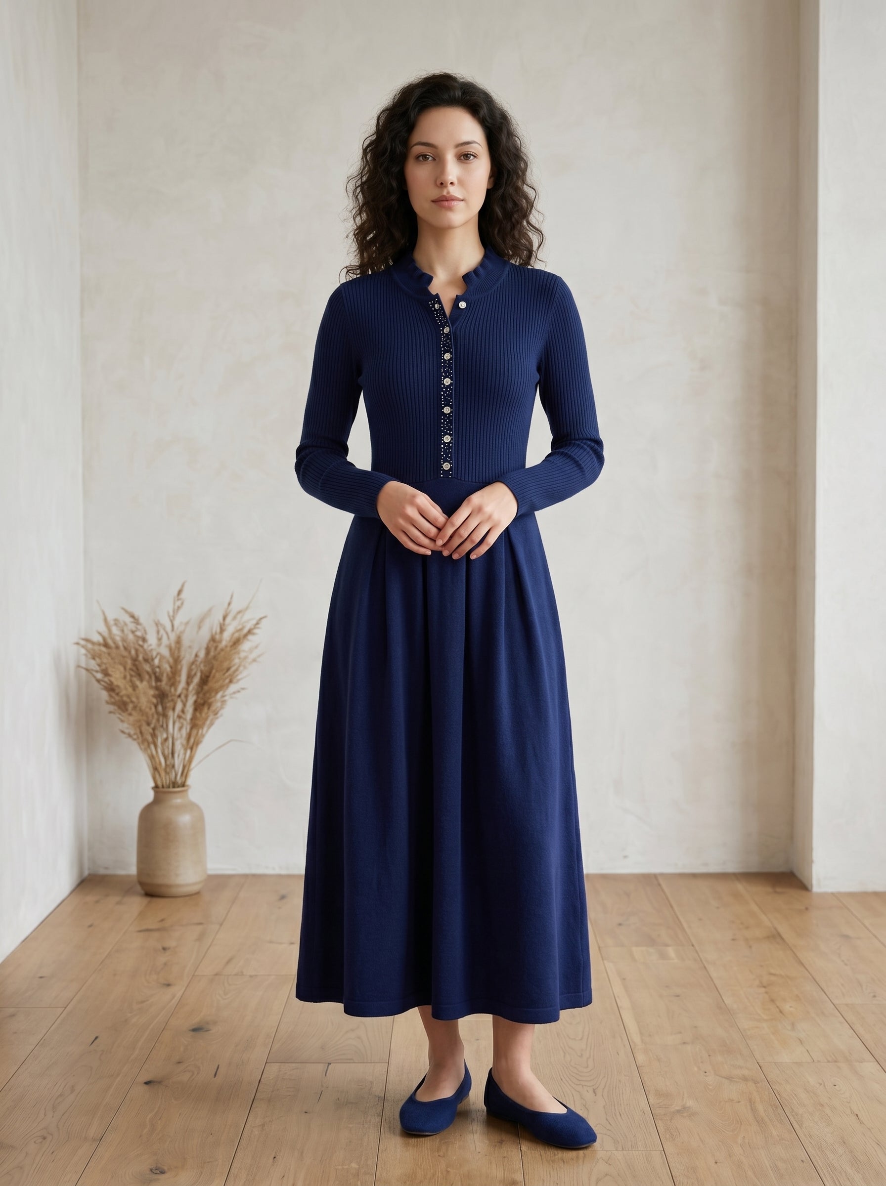 Women's Beaded Crew Neck Cashmere Sweater Dress — Dark blue