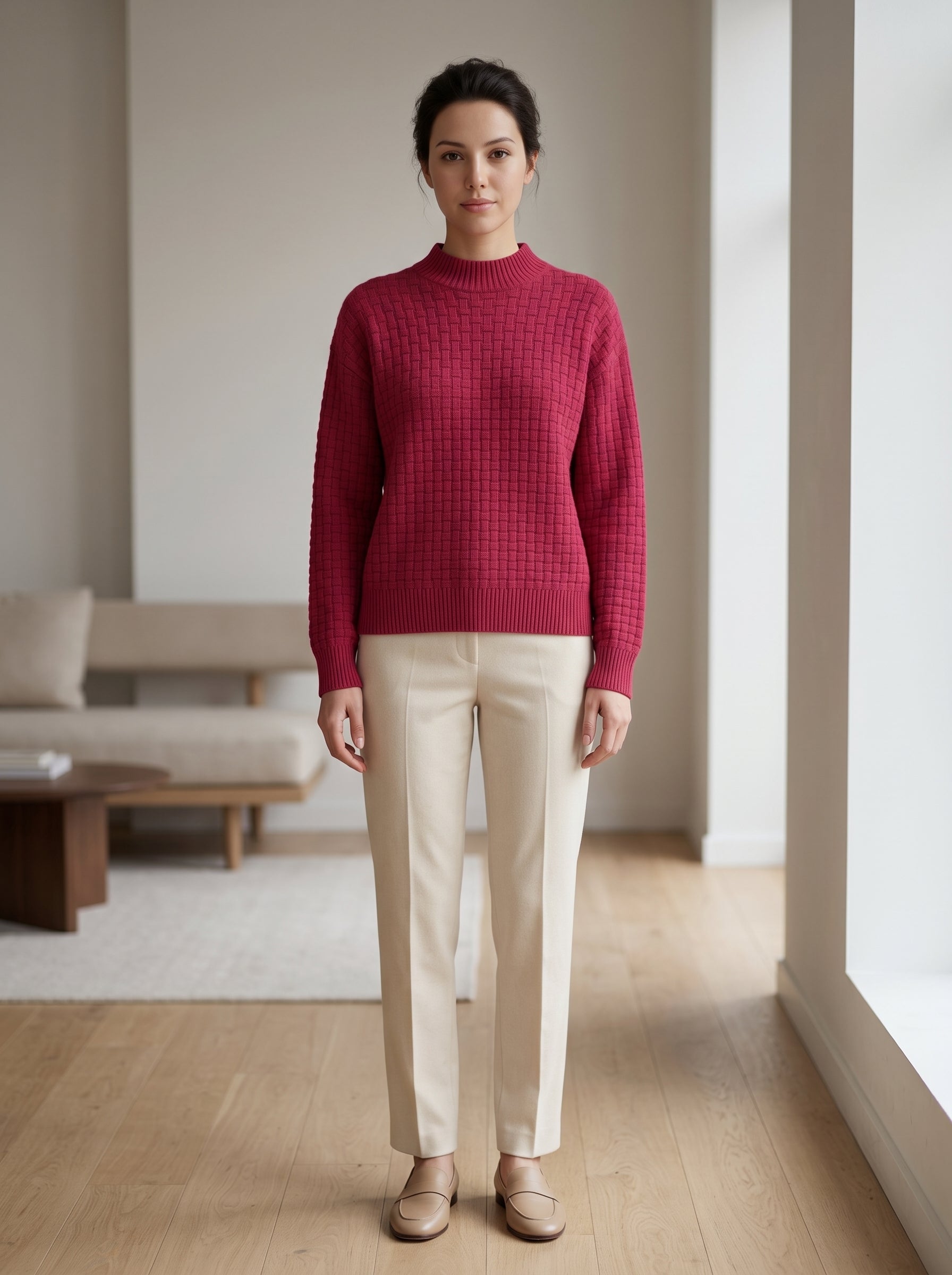 Women's Lapel Collar Cashmere Sweater — Rose red