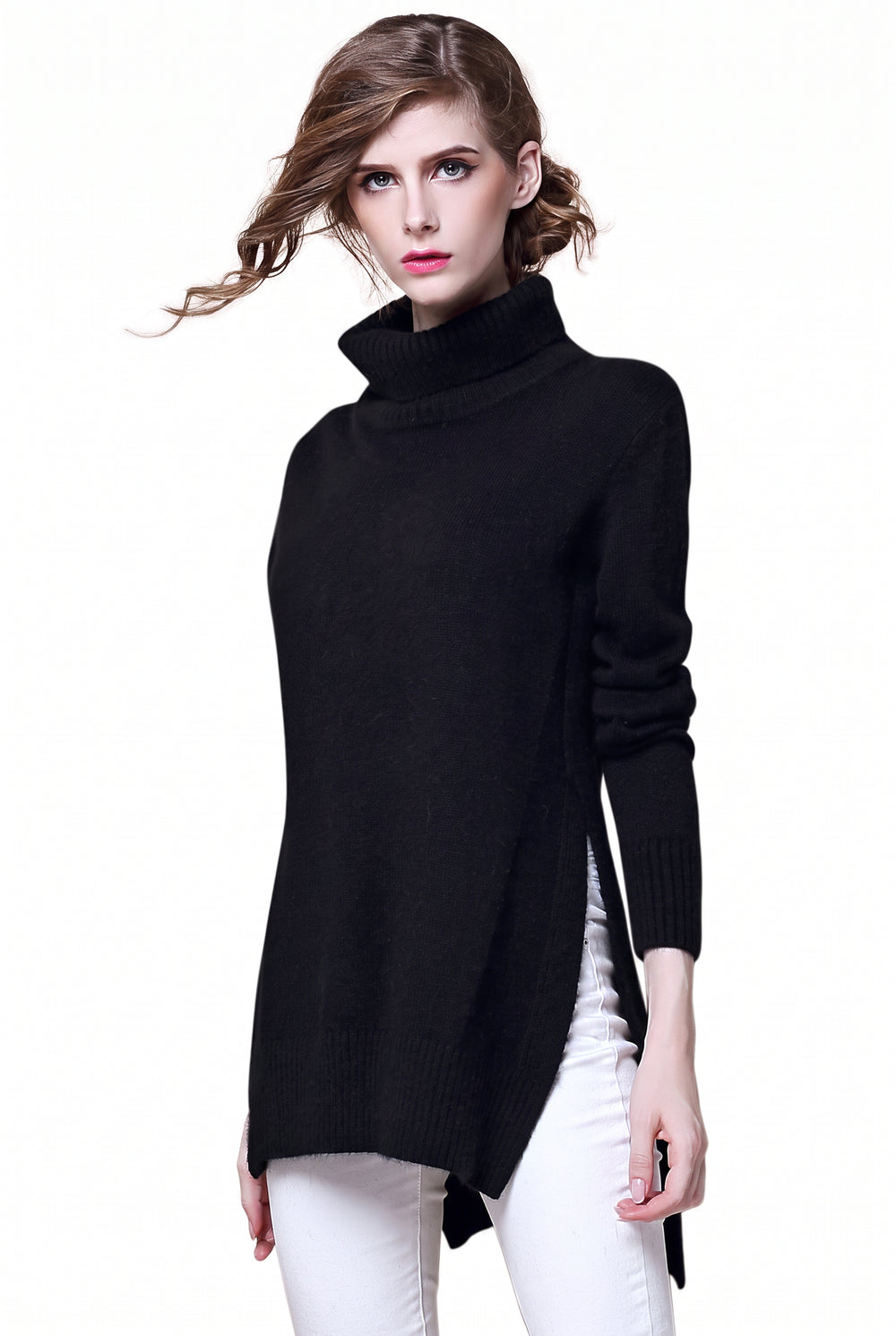 Women's High Lapel Split-Hem Cashmere Sweater