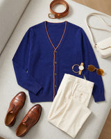 Men's V-Neck Cashmere Cardigan - Blue - Outfit