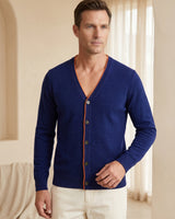 Men's V-Neck Cashmere Cardigan - Blue - Model Half
