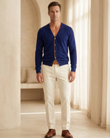 Men's V-Neck Cashmere Cardigan - Blue - Model Full