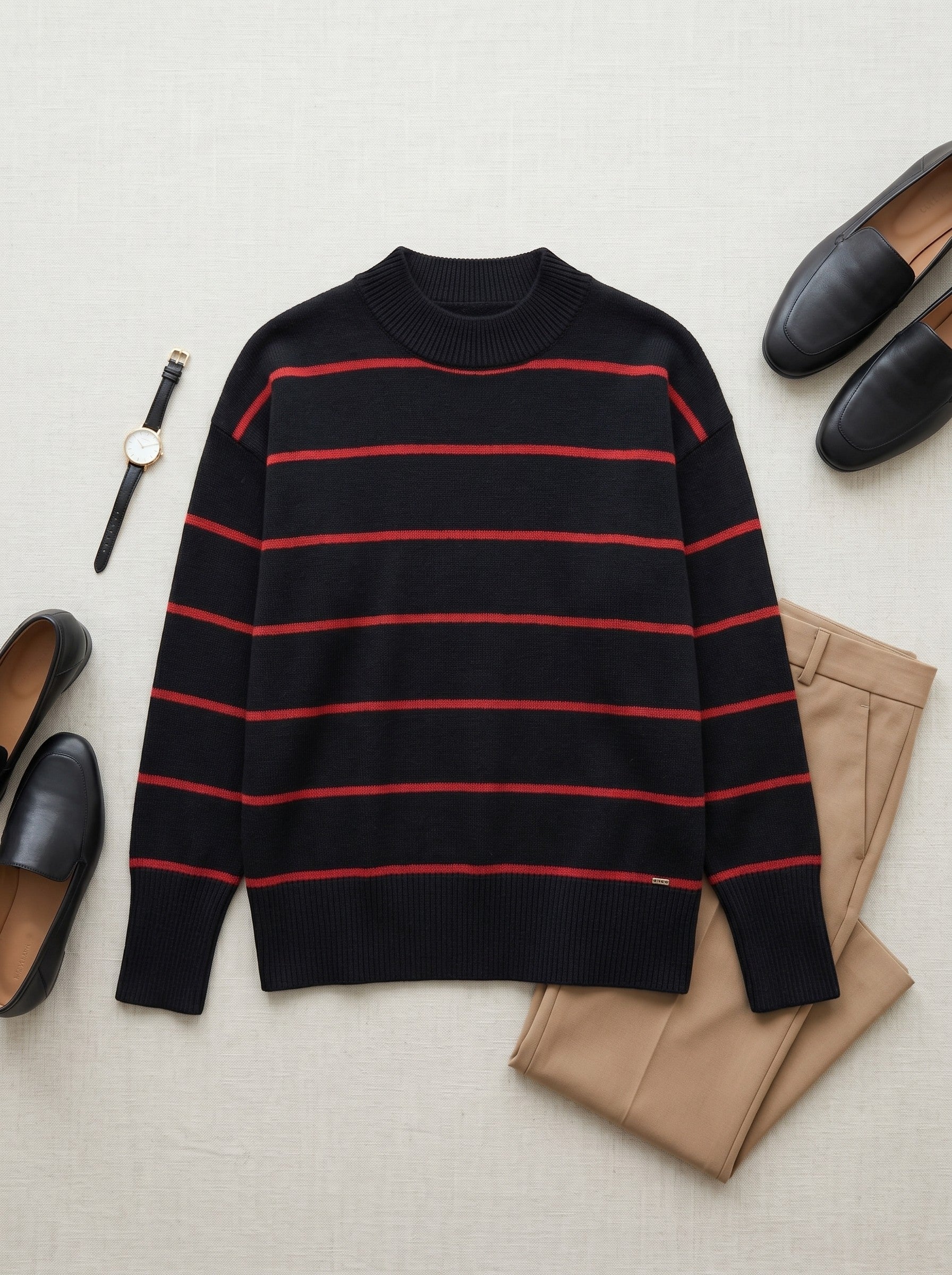 Women's Striped Mock Neck Sweater — Black