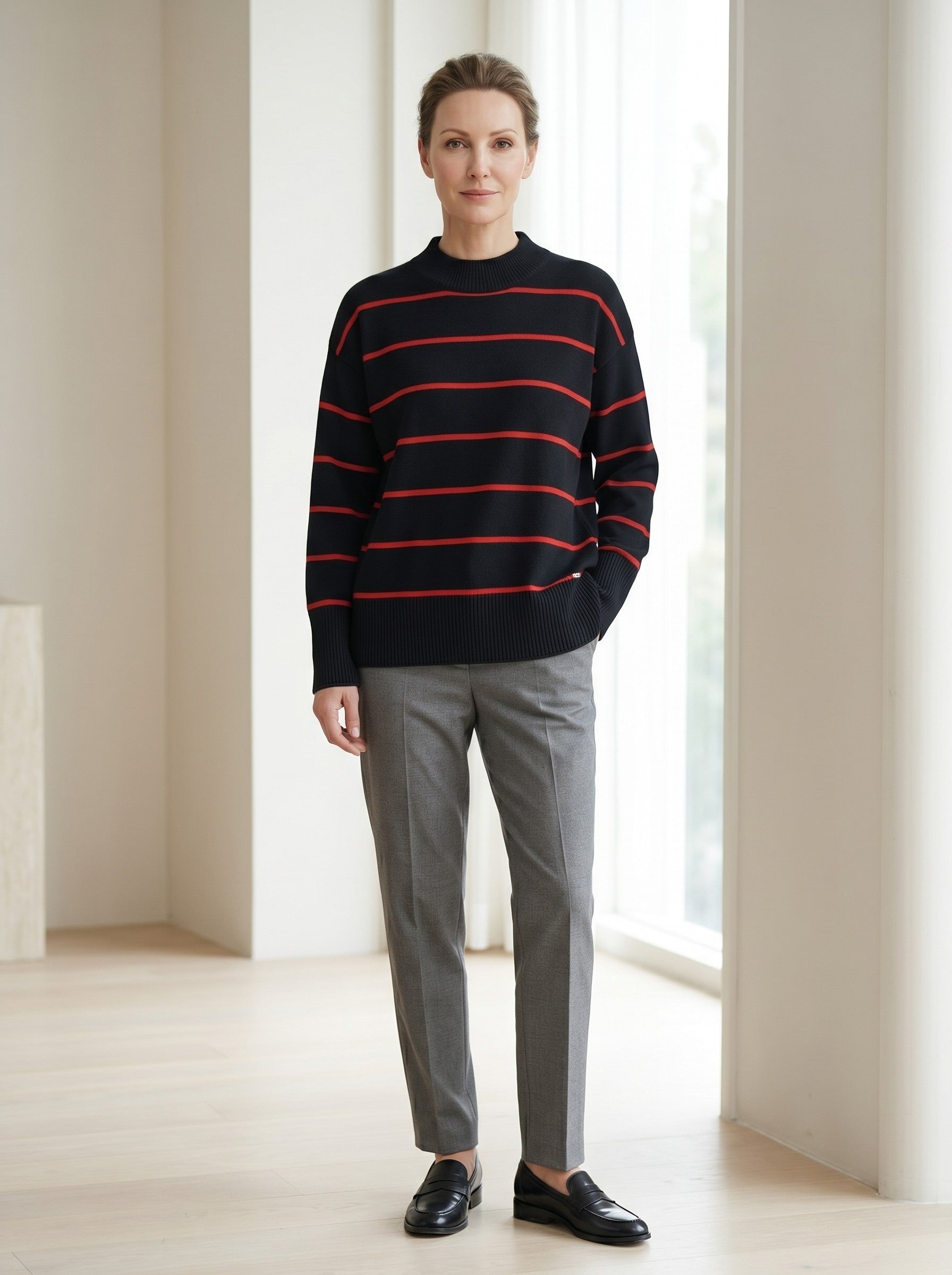 Women's Striped Mock Neck Sweater — Black