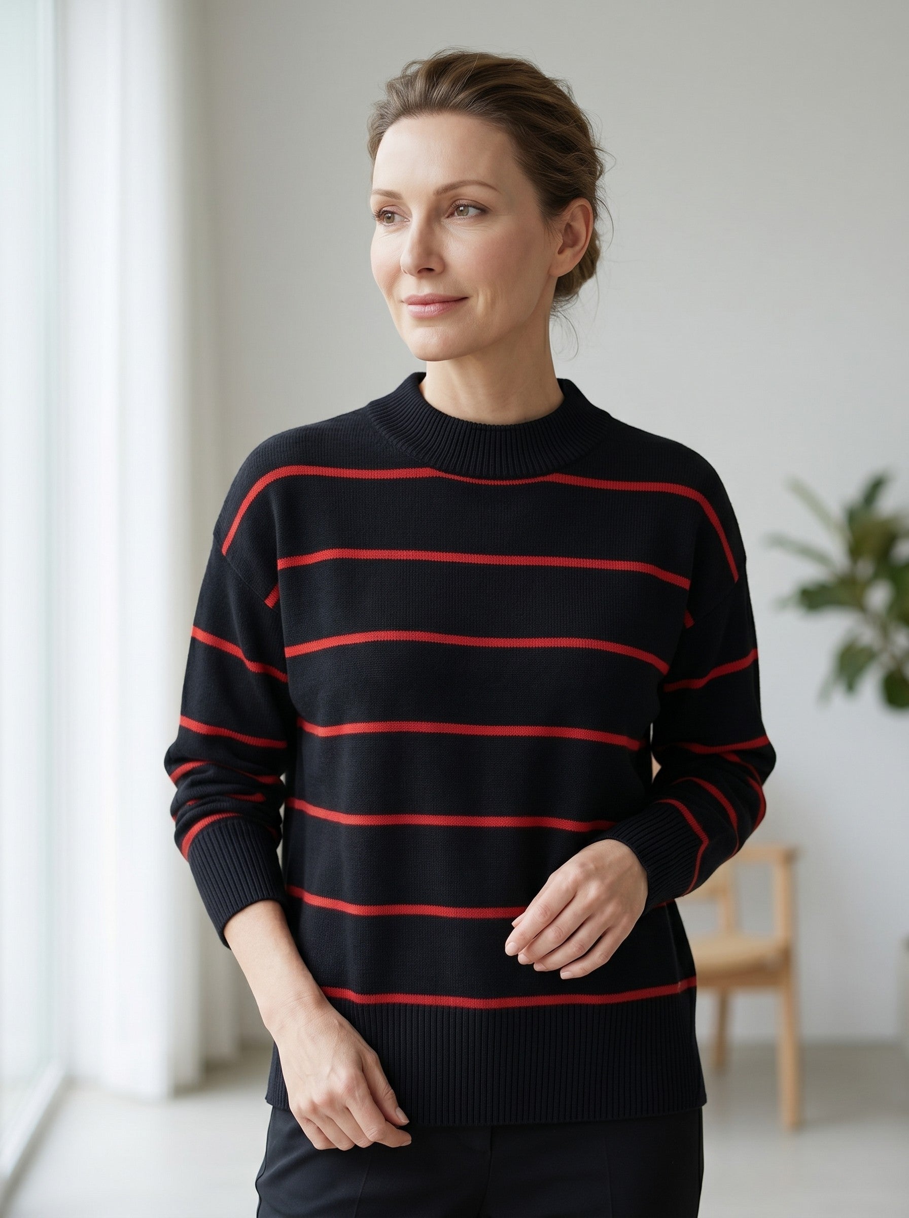 Women's Striped Mock Neck Sweater — Black