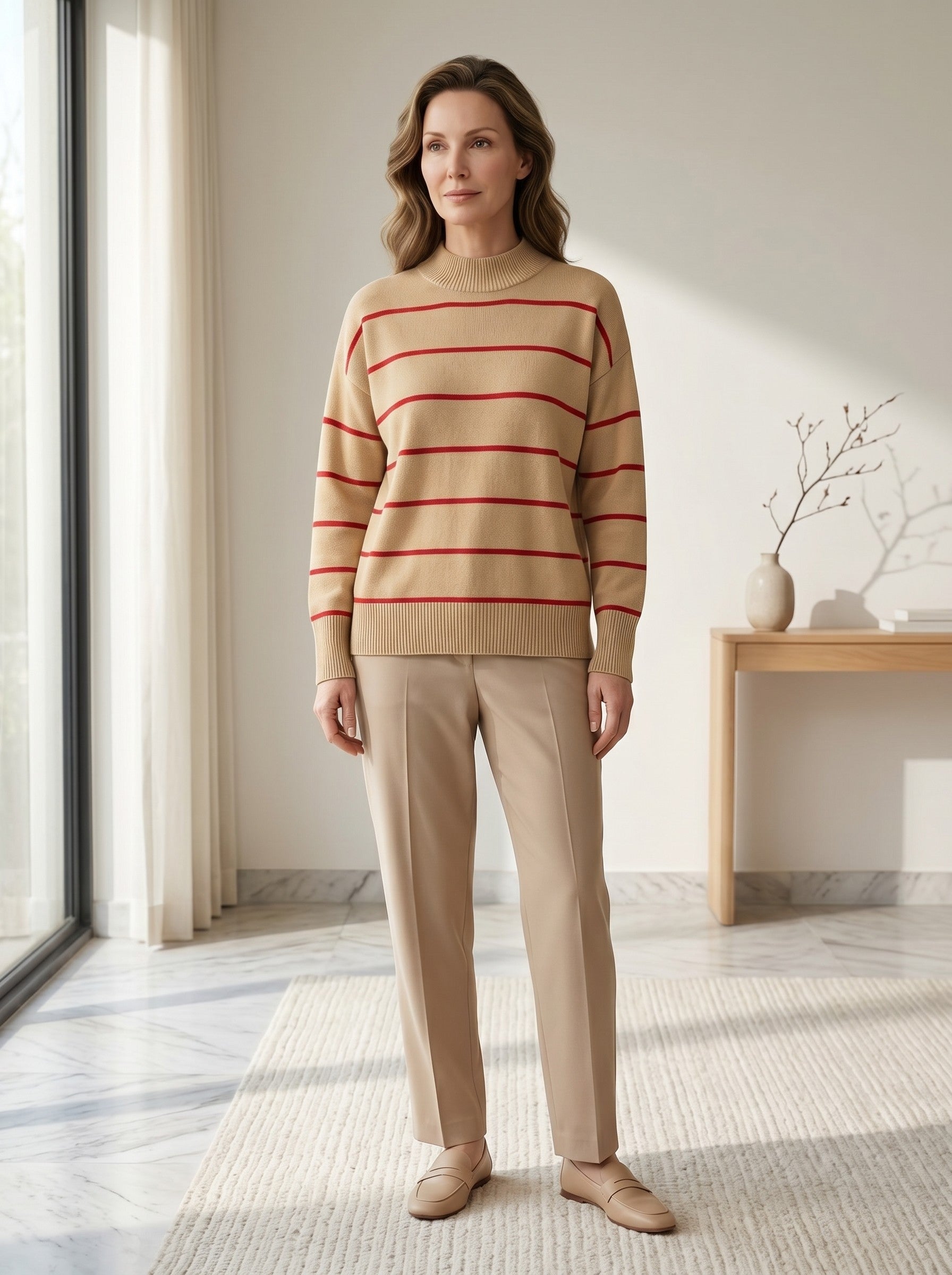 Women's Striped Mock Neck Sweater — Brown