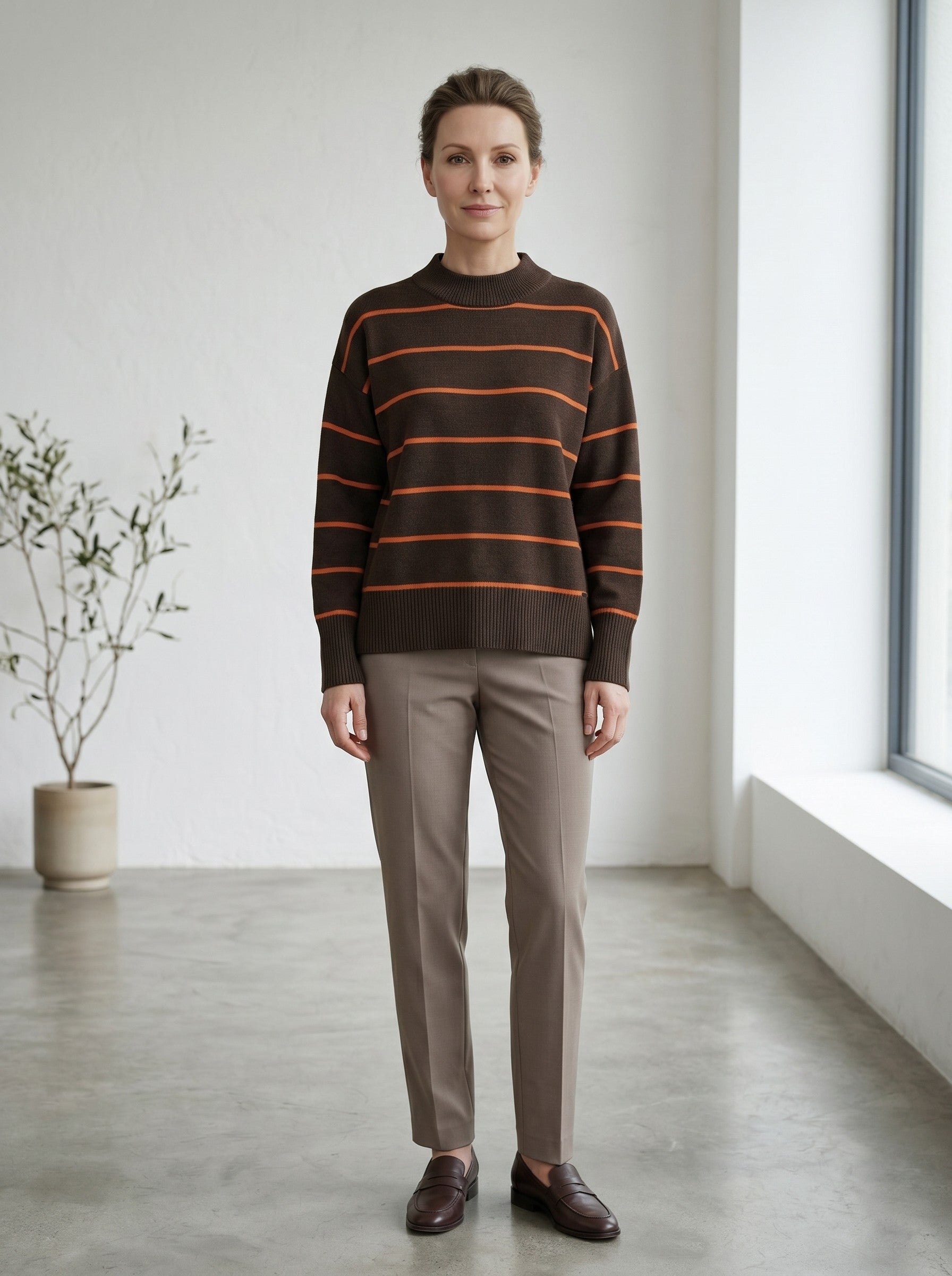 Women's Striped Mock Neck Sweater — Chocolate
