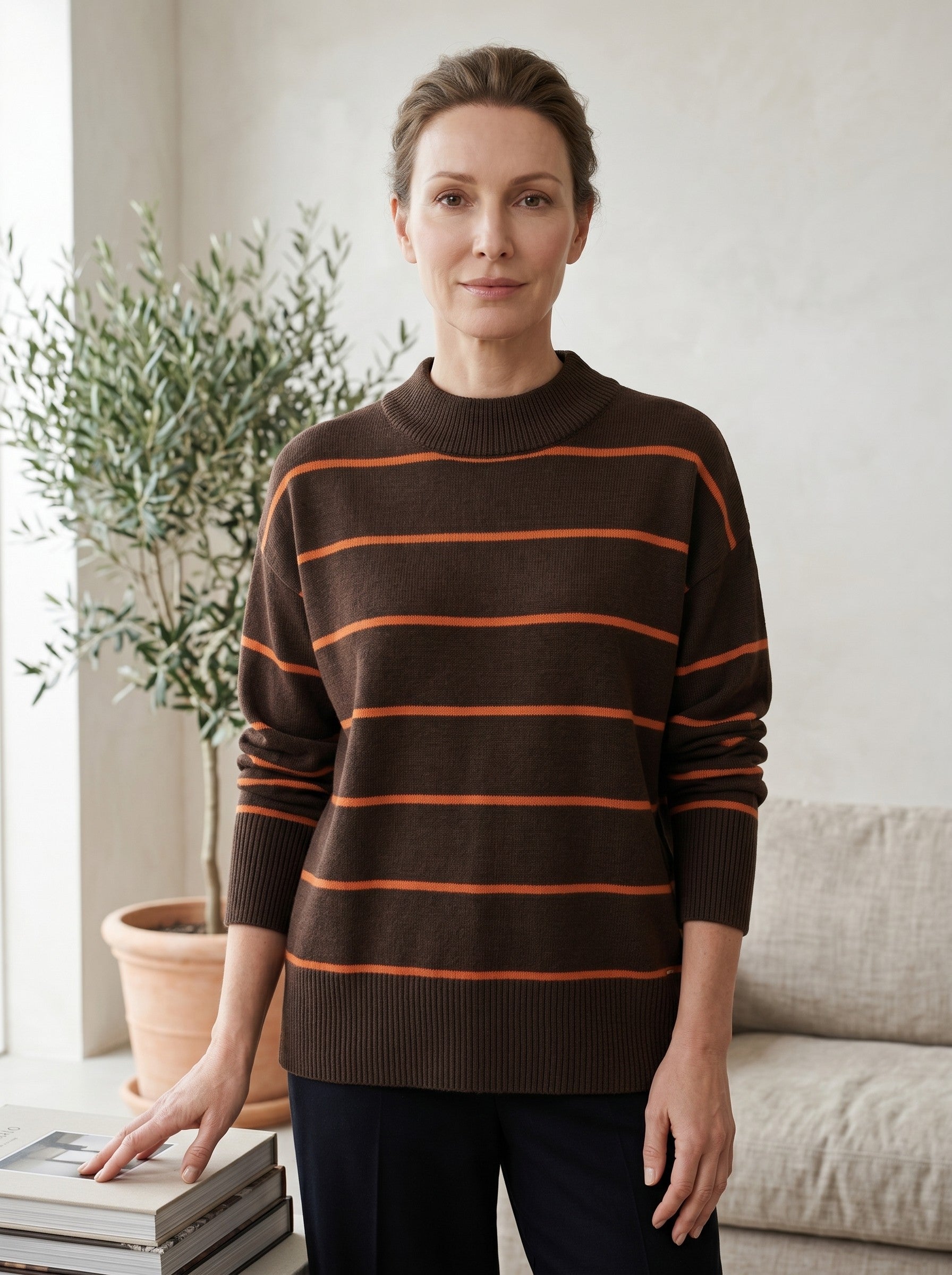 Women's Striped Mock Neck Sweater — Chocolate