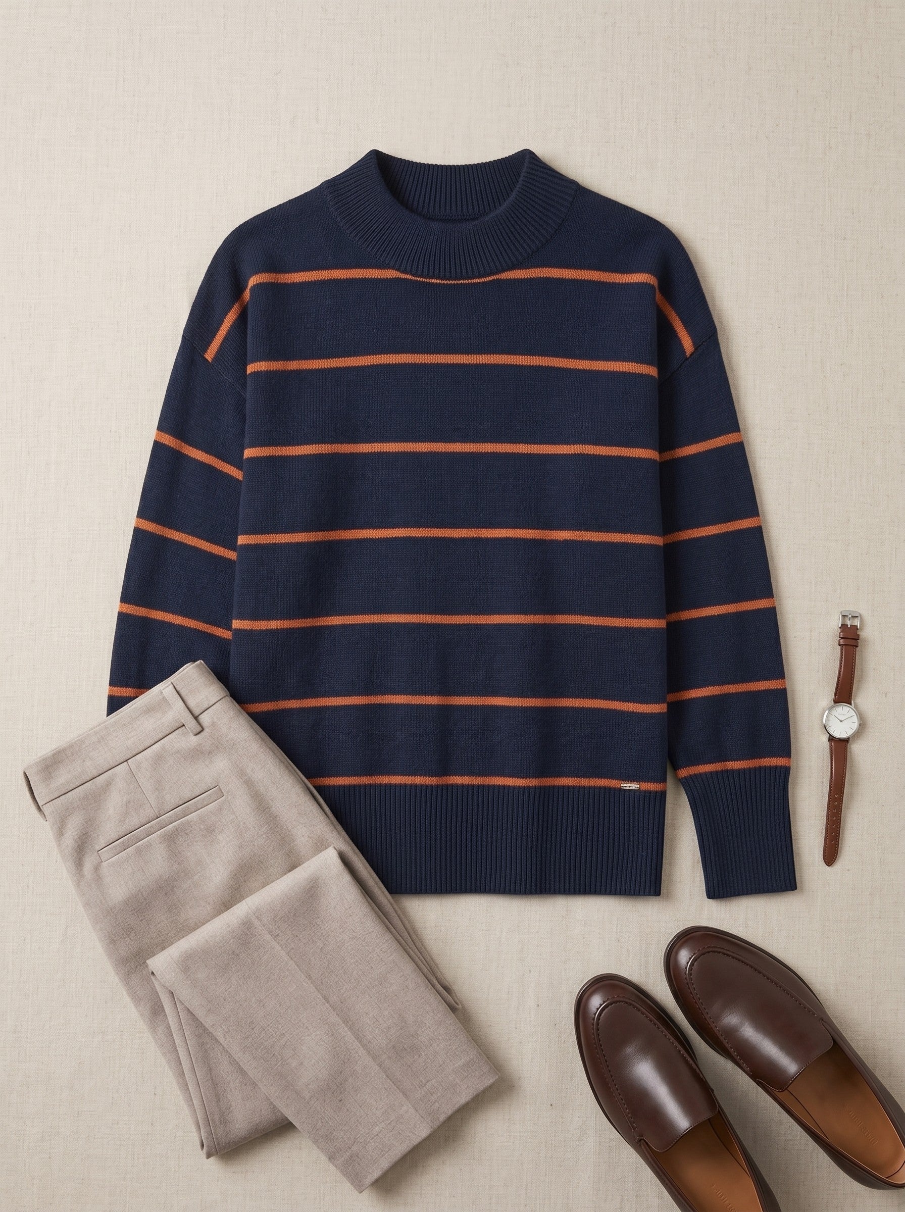 Women's Striped Mock Neck Sweater — Dark blue