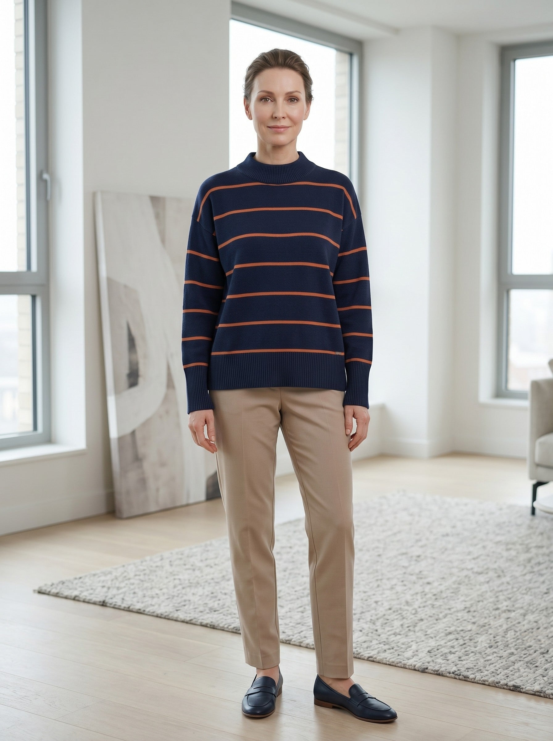Women's Striped Mock Neck Sweater — Dark blue