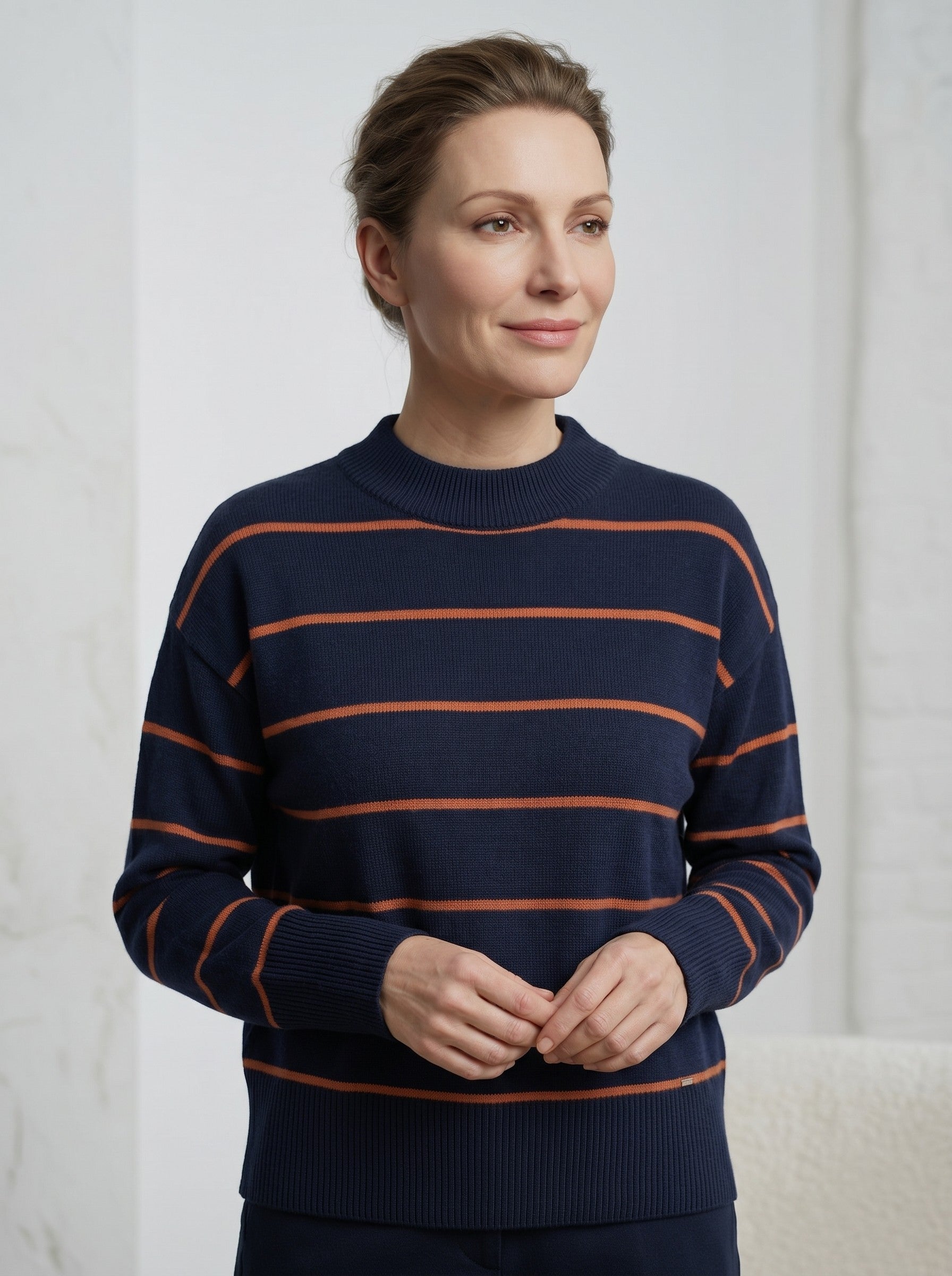 Women's Striped Mock Neck Sweater — Dark blue