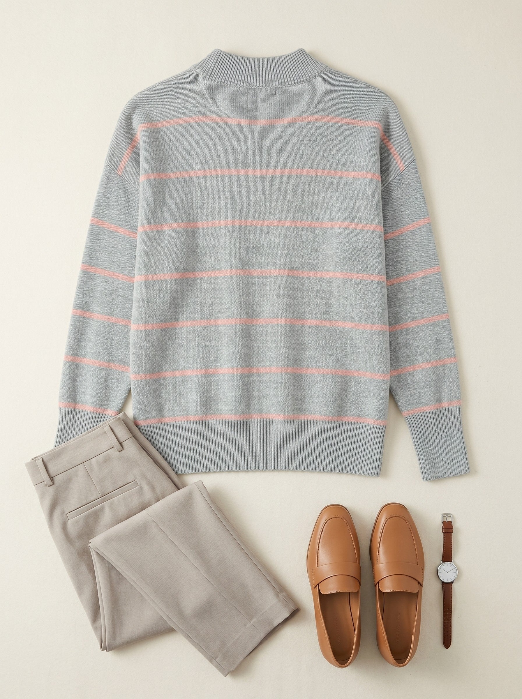 Women's Striped Mock Neck Sweater — Grey