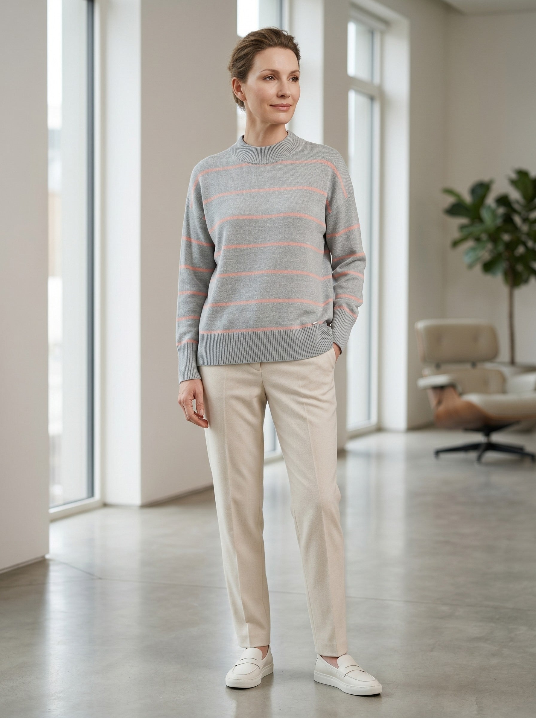 Women's Striped Mock Neck Sweater — Grey