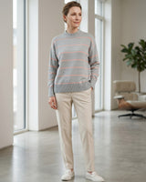 Women's Striped Mock Neck Sweater — Grey