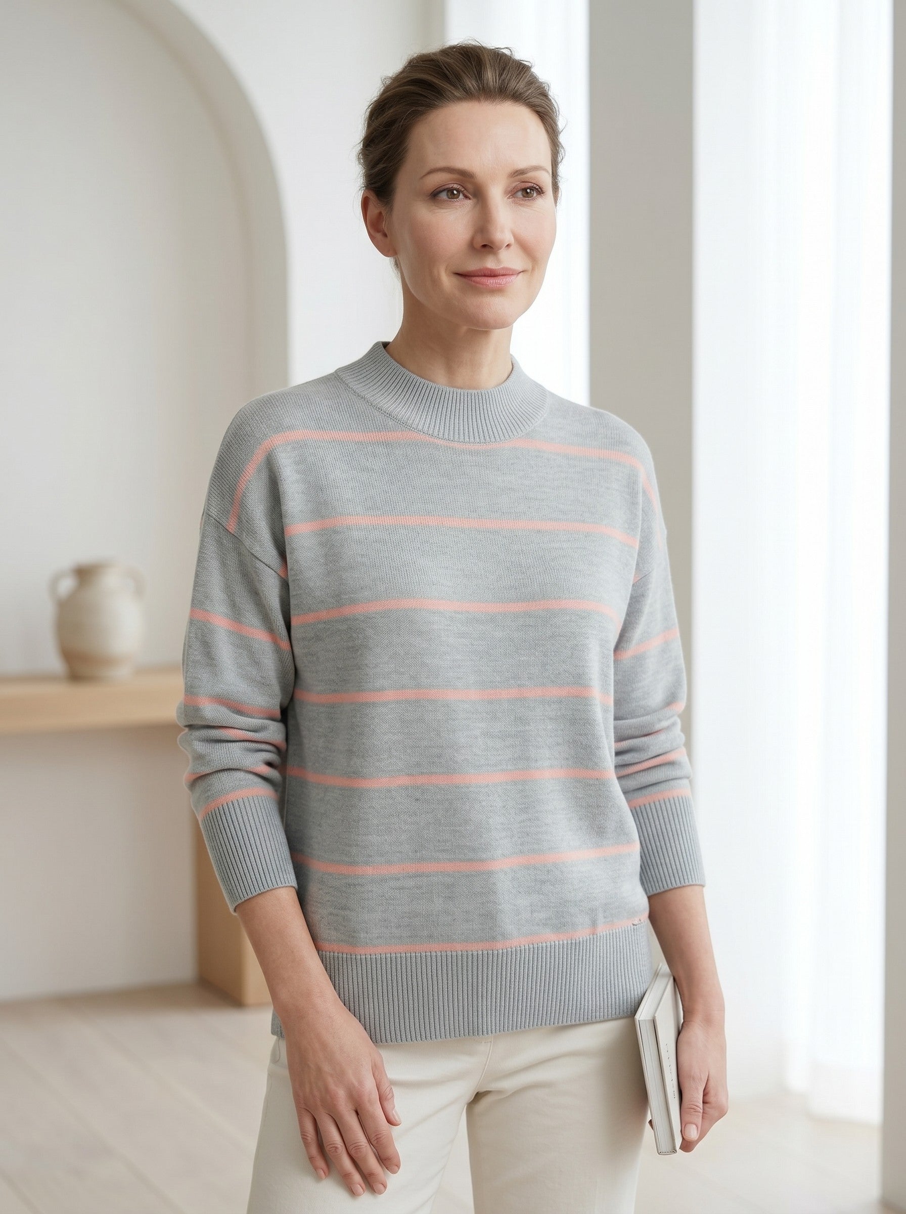 Women's Striped Mock Neck Sweater — Grey