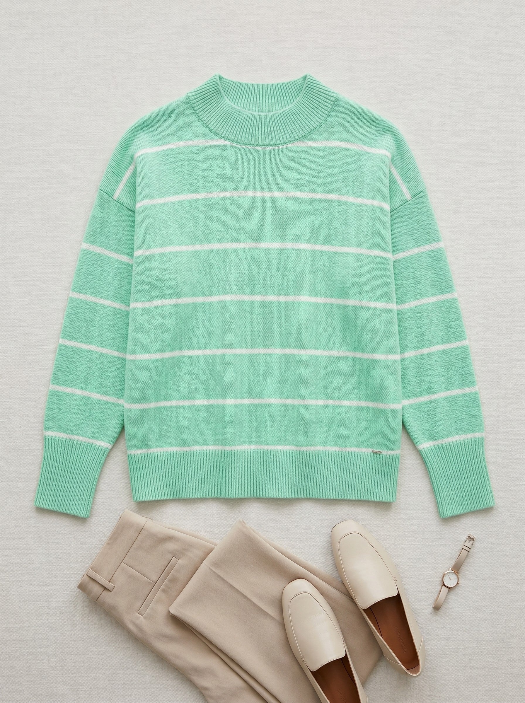 Women's Striped Mock Neck Sweater — Light Green