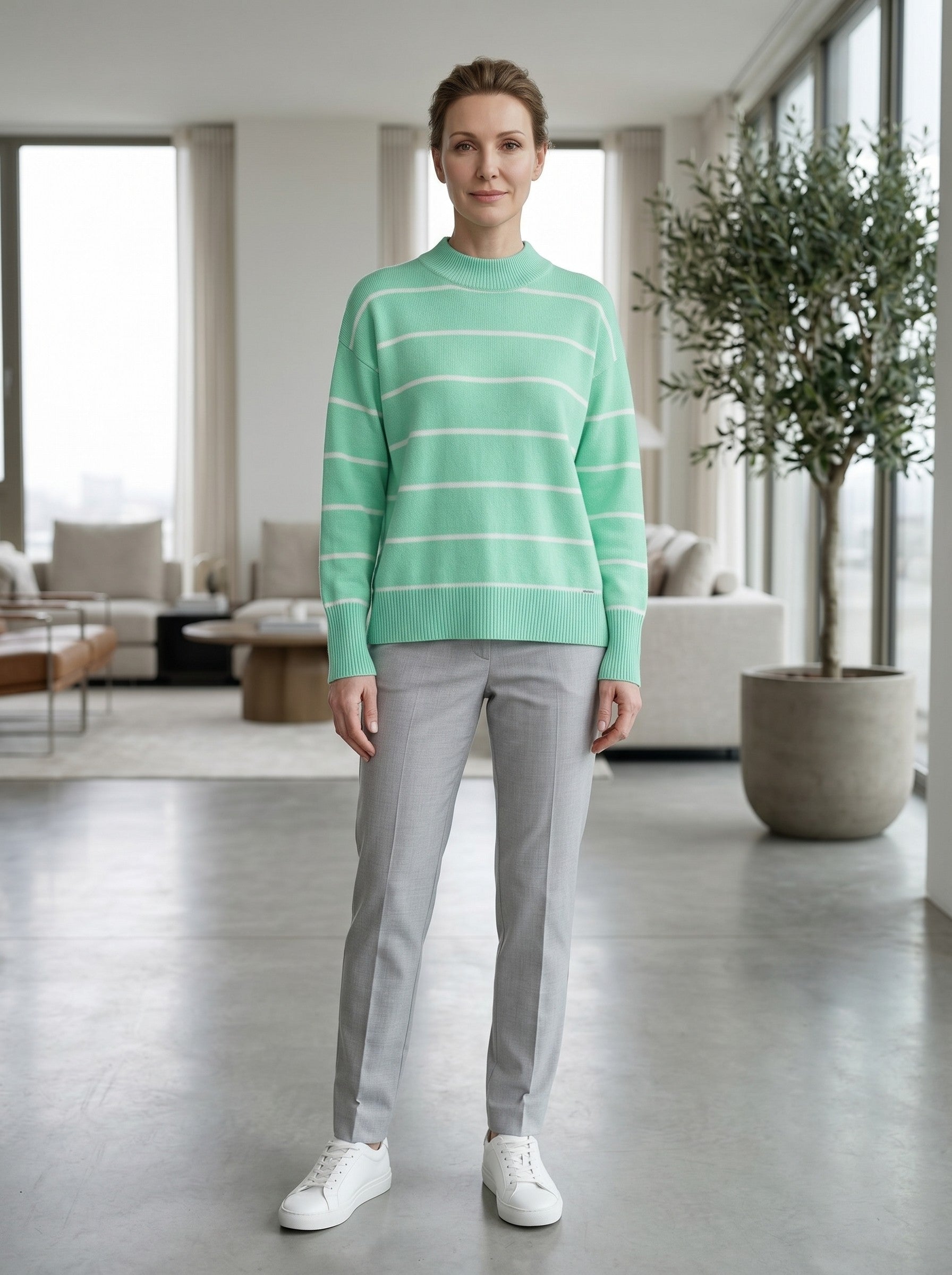 Women's Striped Mock Neck Sweater — Light Green