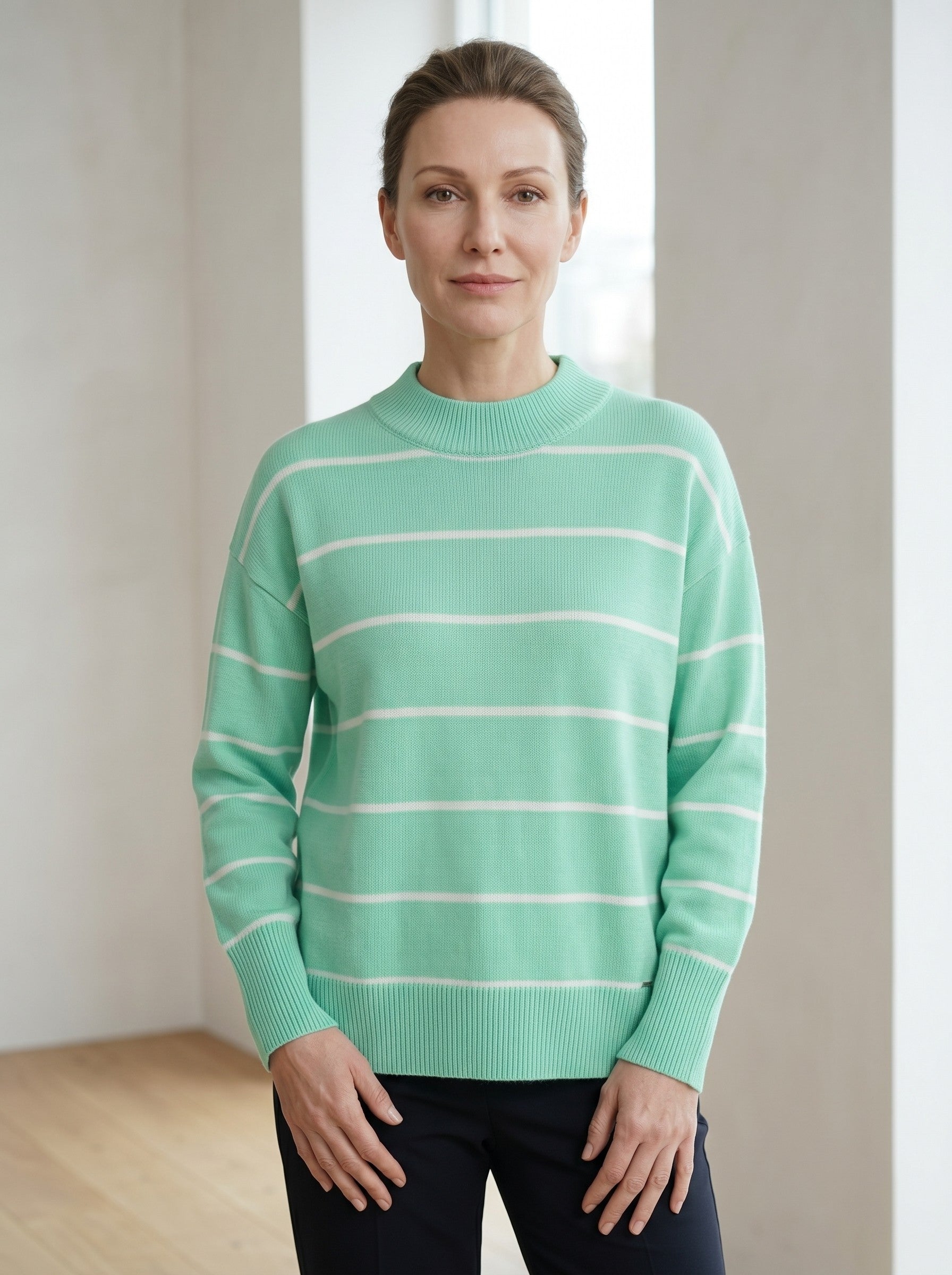 Women's Striped Mock Neck Sweater — Light Green