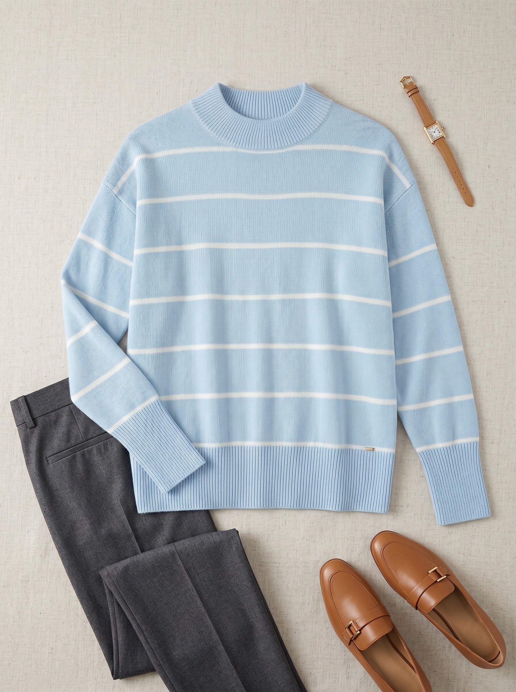 Women's Striped Mock Neck Sweater — Light blue