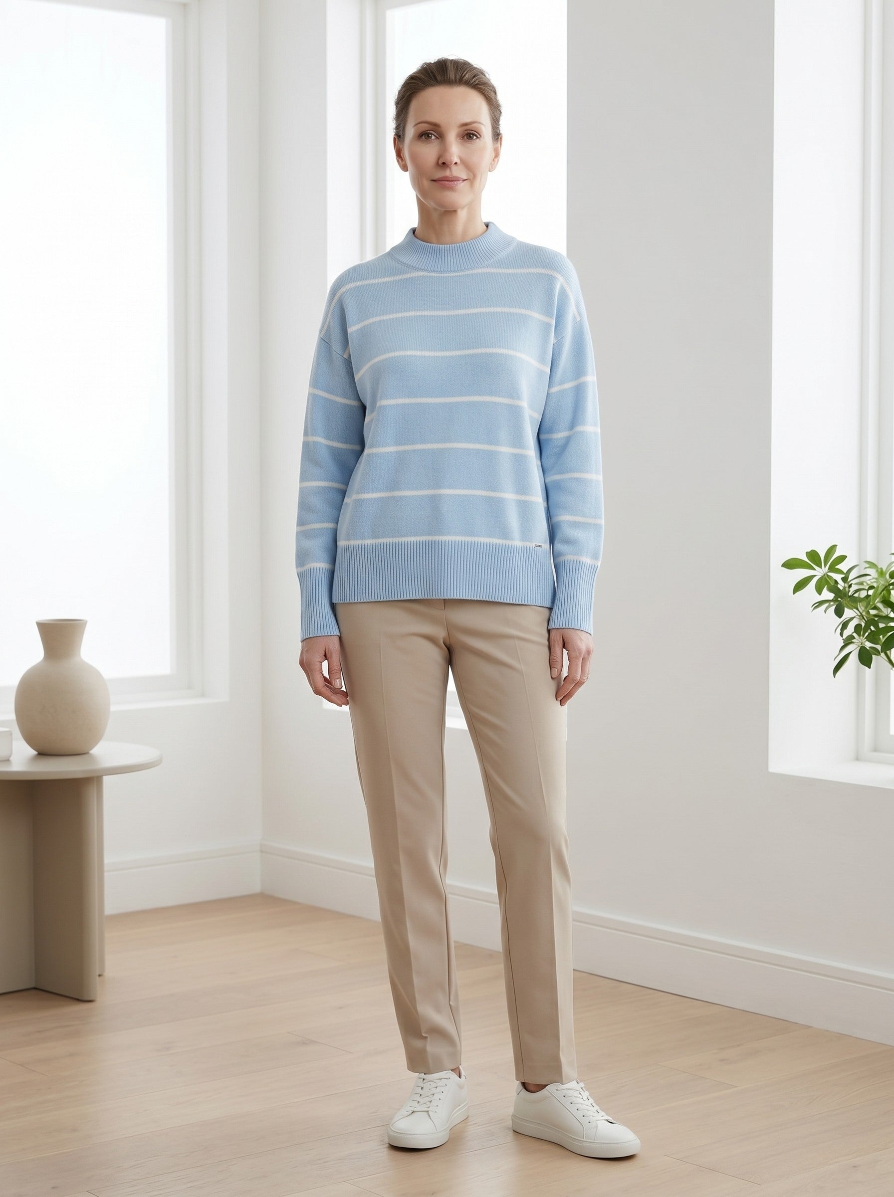 Women's Striped Mock Neck Sweater — Light blue