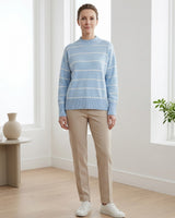 Women's Striped Mock Neck Sweater — Light blue