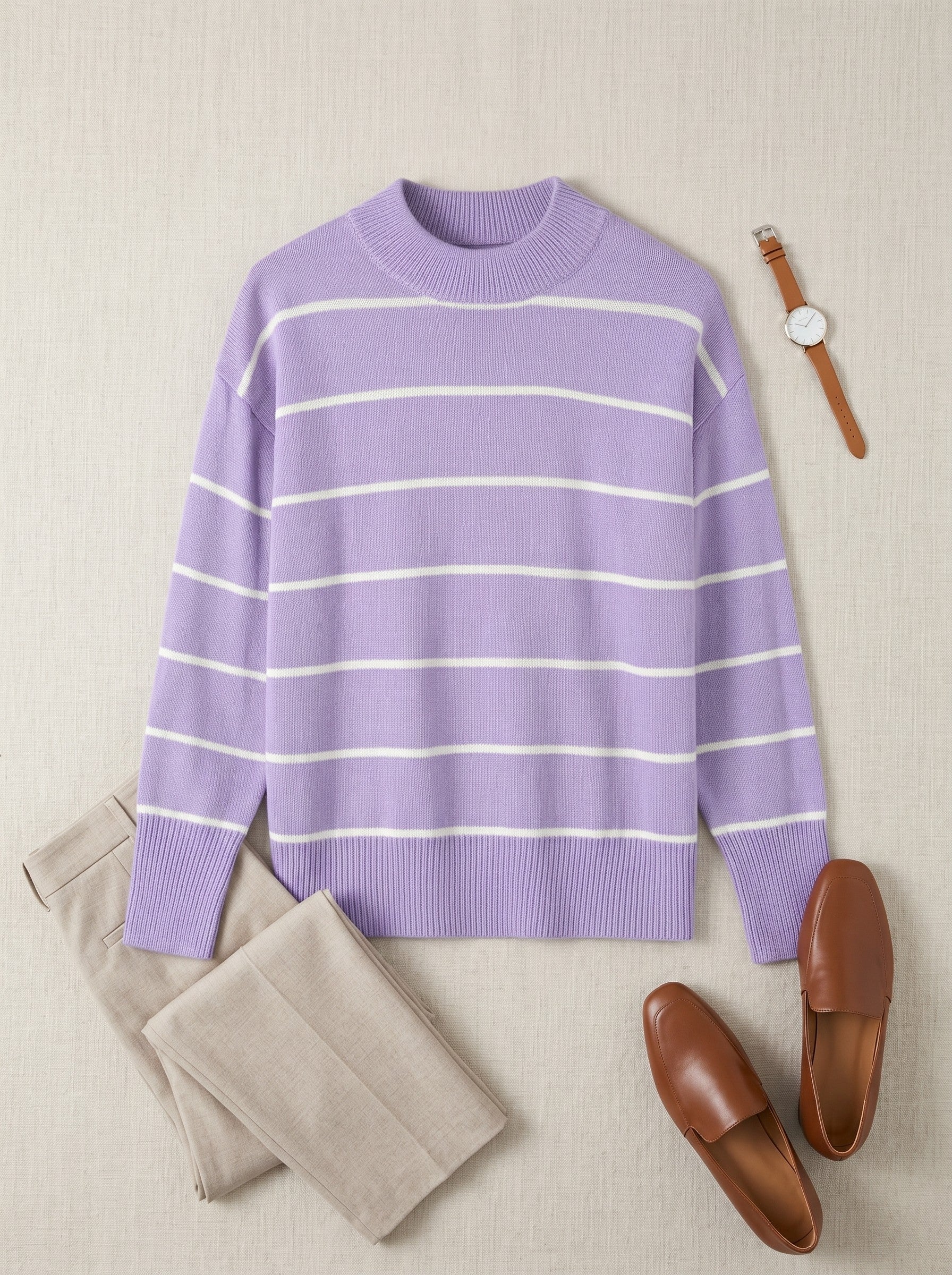 Women's Striped Mock Neck Sweater — Purple