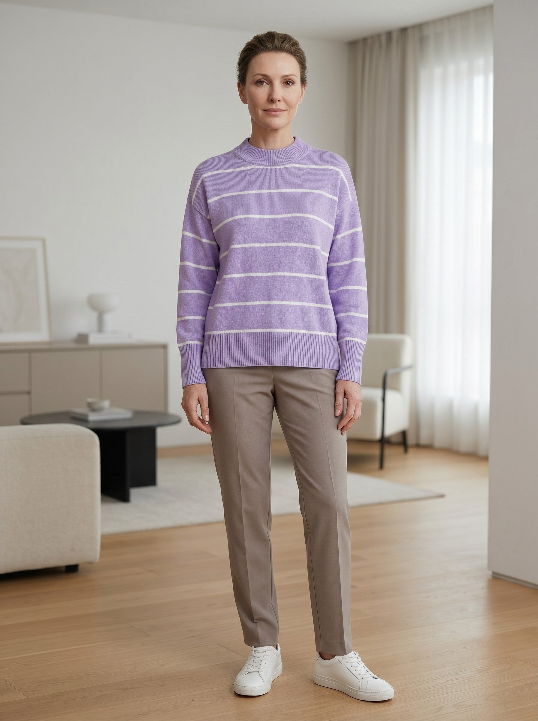 Women's Striped Mock Neck Sweater — Purple
