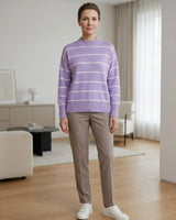 Women's Striped Mock Neck Sweater — Purple