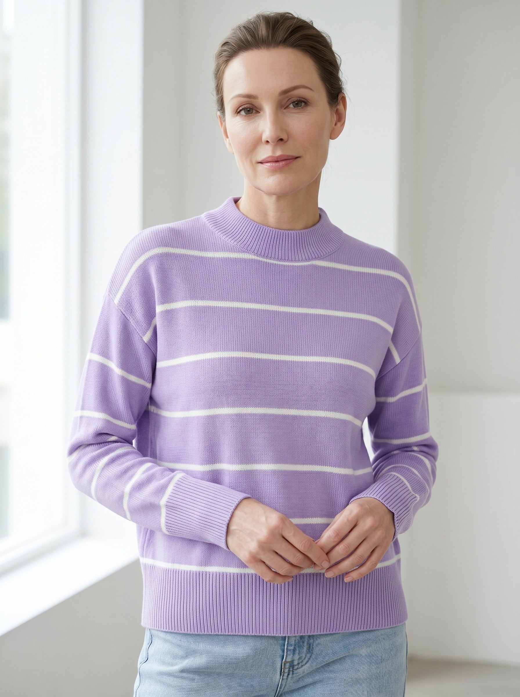Women's Striped Mock Neck Sweater — Purple