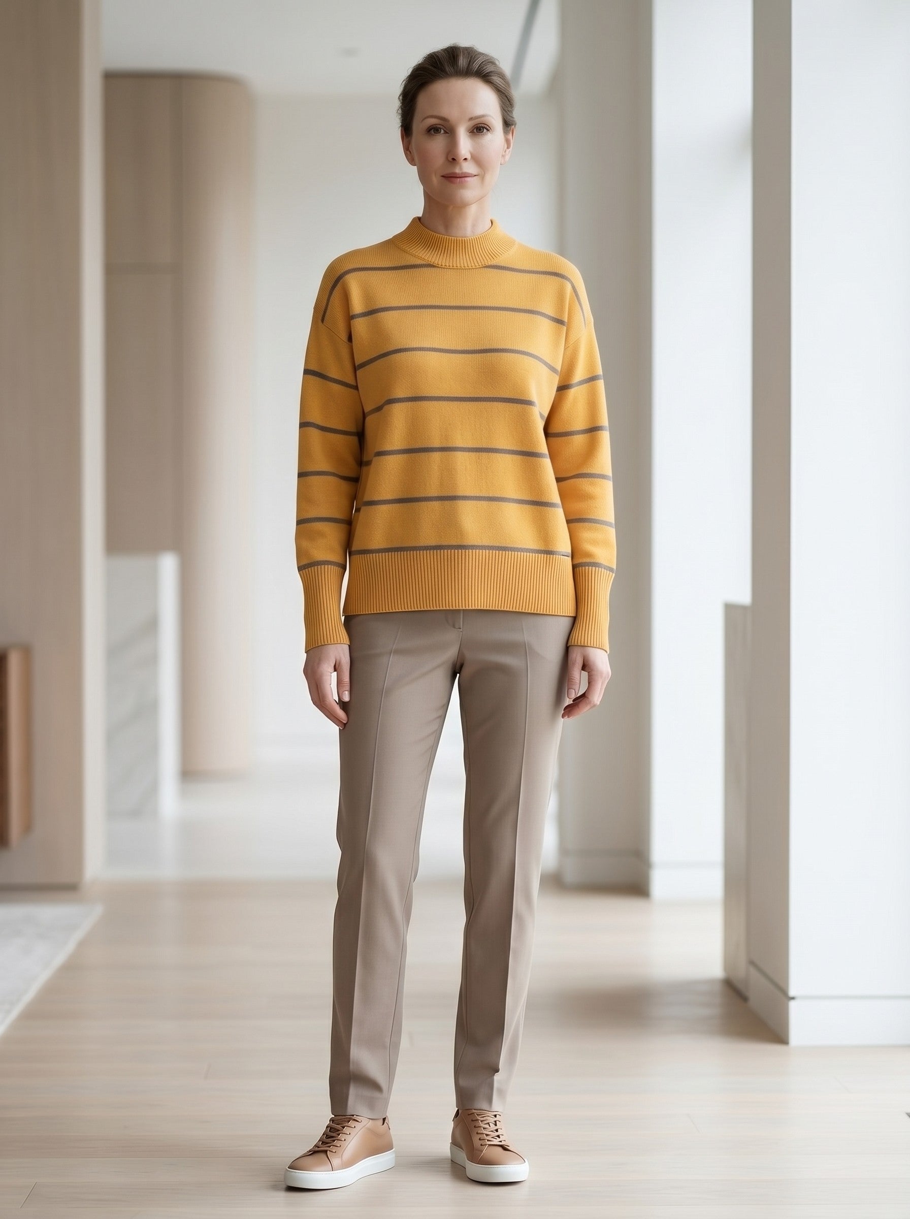Women's Striped Mock Neck Sweater — Yellow