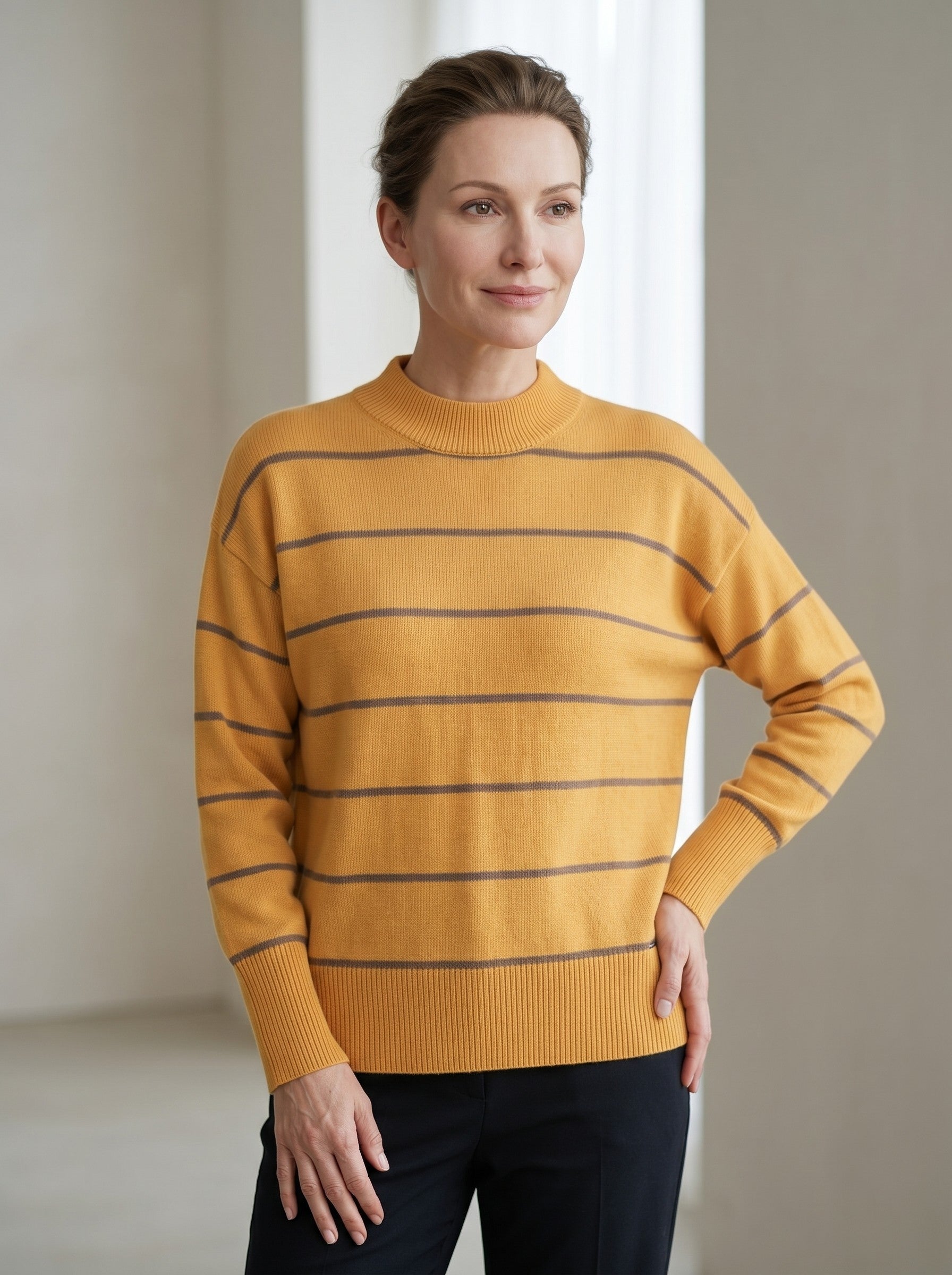 Women's Striped Mock Neck Sweater — Yellow