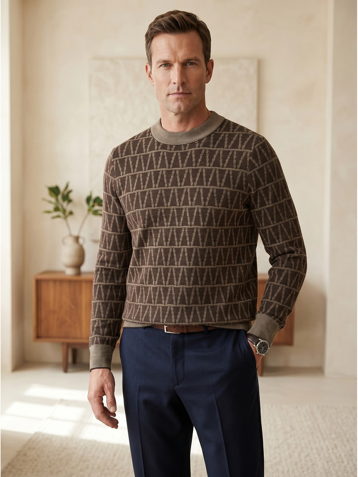 ZHILIFS | Men's Brown Crew Neck Pullover — Brown