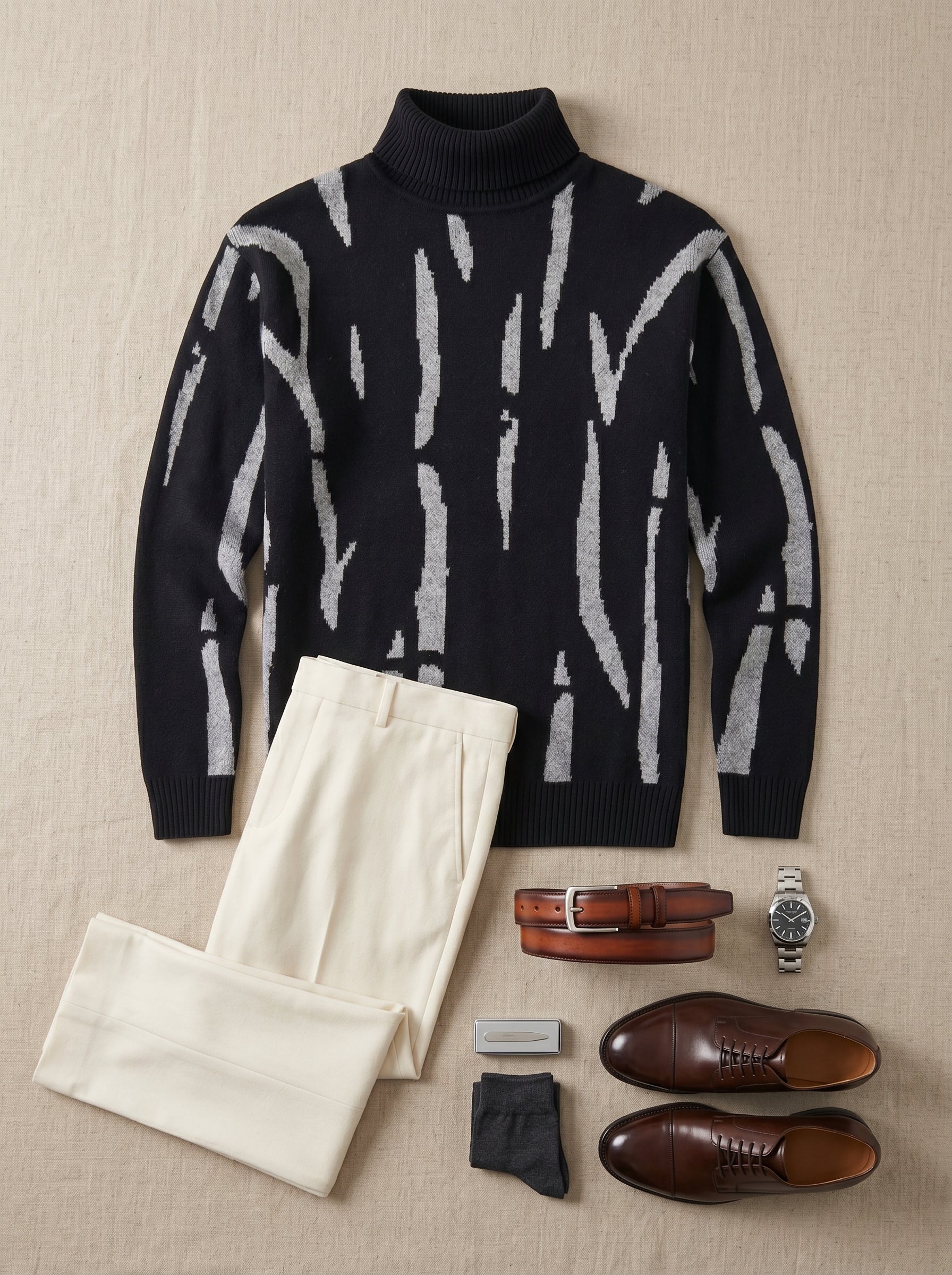 ZHILIFS | Men's Patterned Turtleneck Pullover — Black