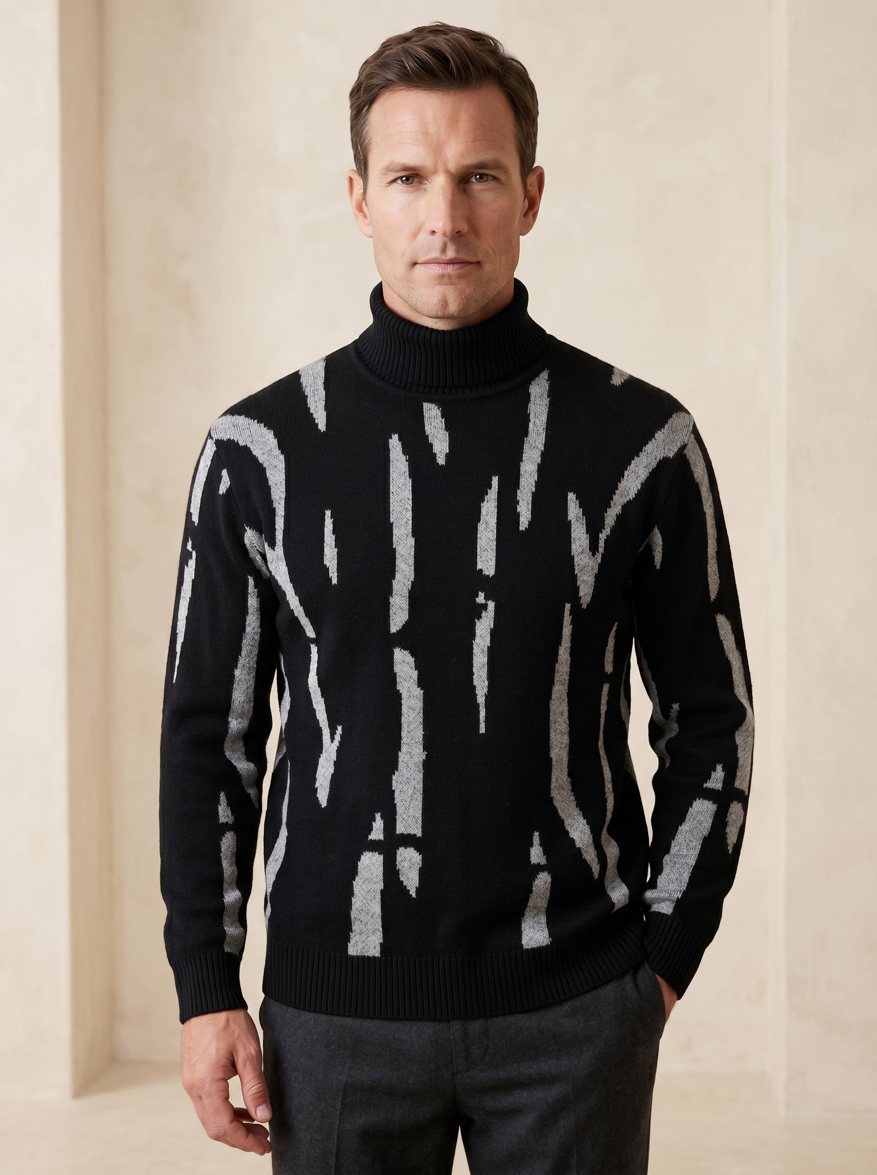 ZHILIFS | Men's Patterned Turtleneck Pullover — Black