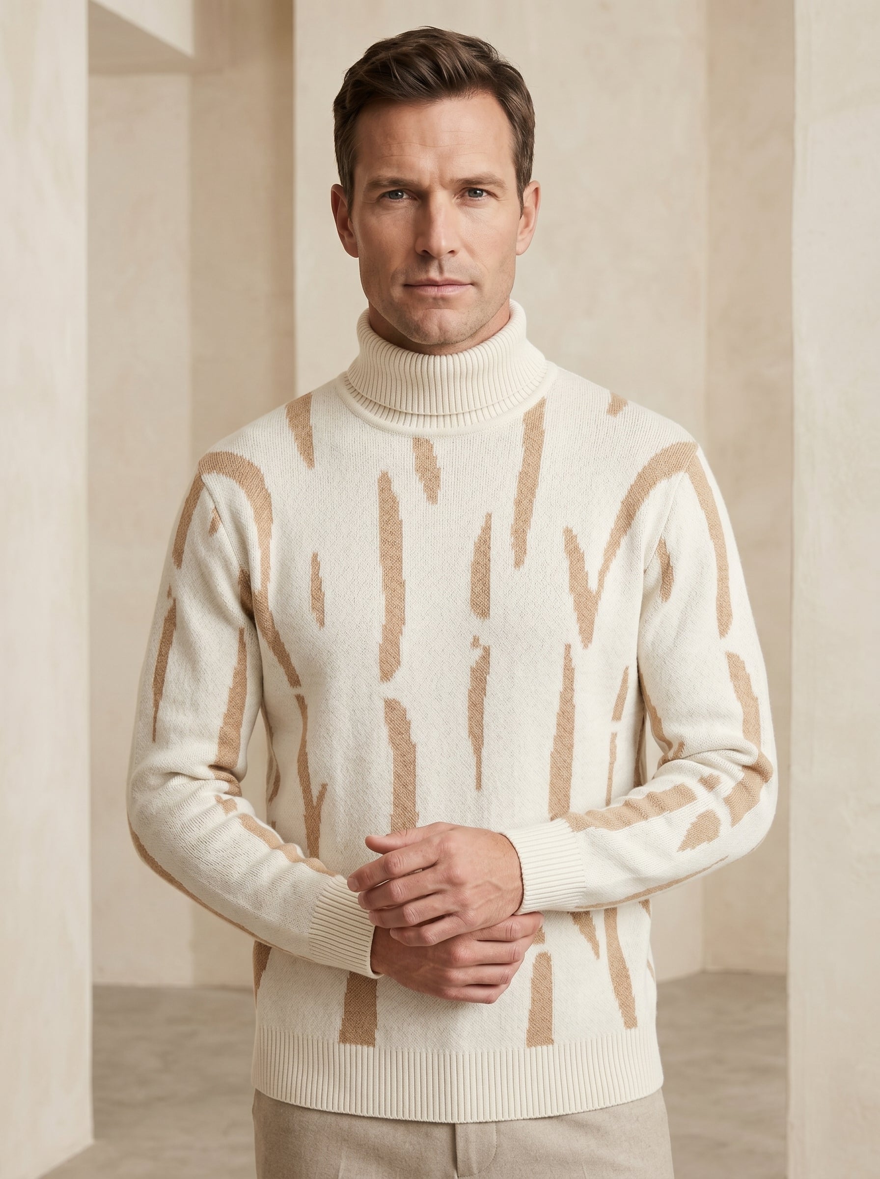 ZHILIFS | Men's Patterned Turtleneck Pullover — White