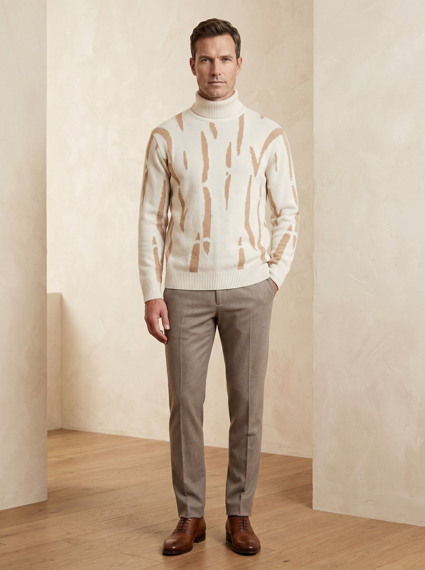 ZHILIFS | Men's Patterned Turtleneck Pullover — White