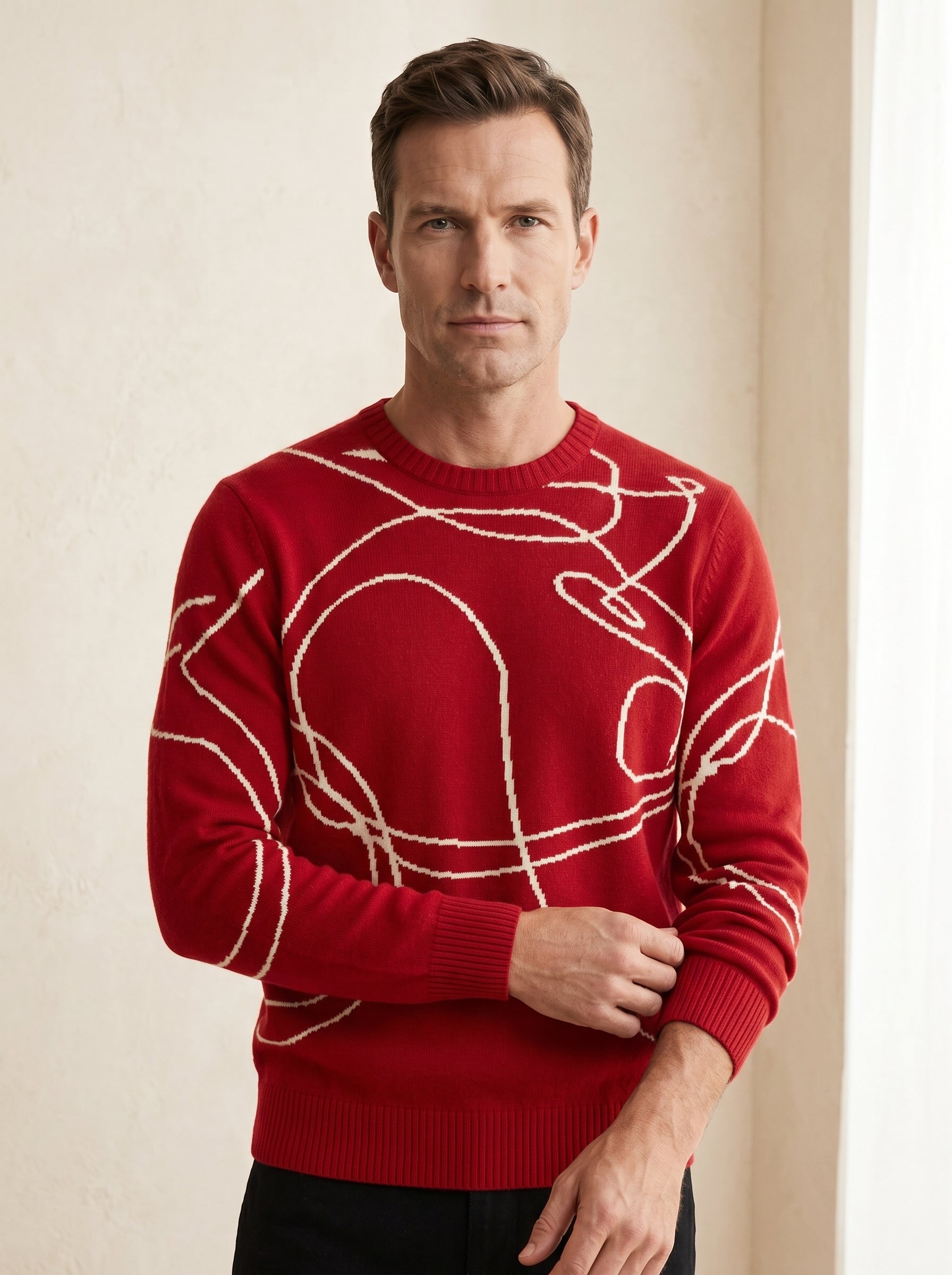 ZHILIFS | Men's Patterned Crew Neck Pullover — Red