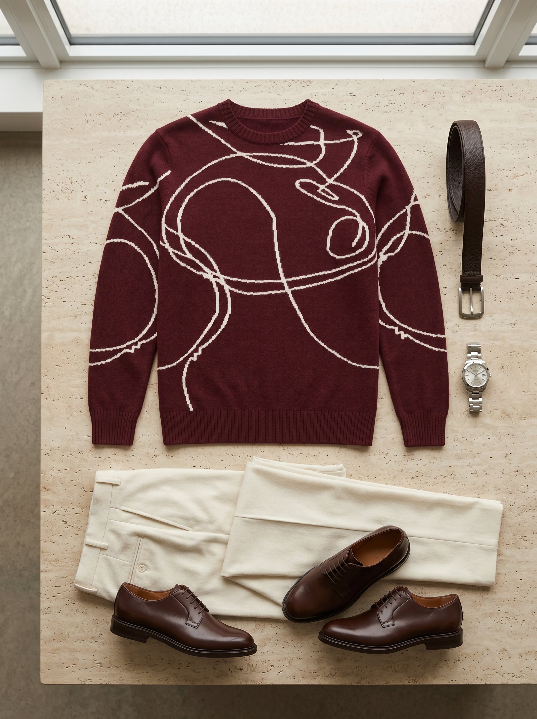 ZHILIFS | Men's Patterned Crew Neck Pullover — Wine red