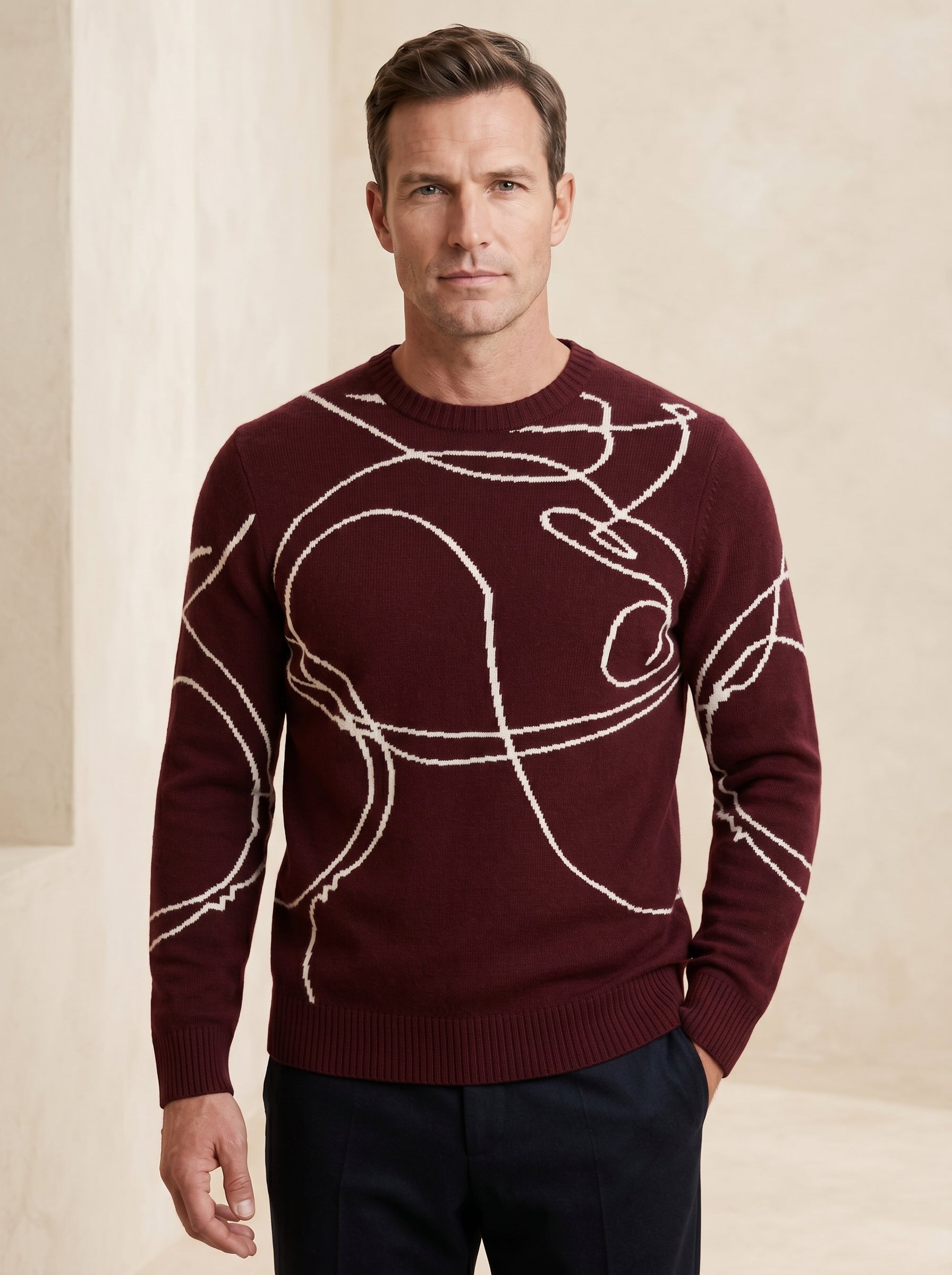 ZHILIFS | Men's Patterned Crew Neck Pullover — Wine red