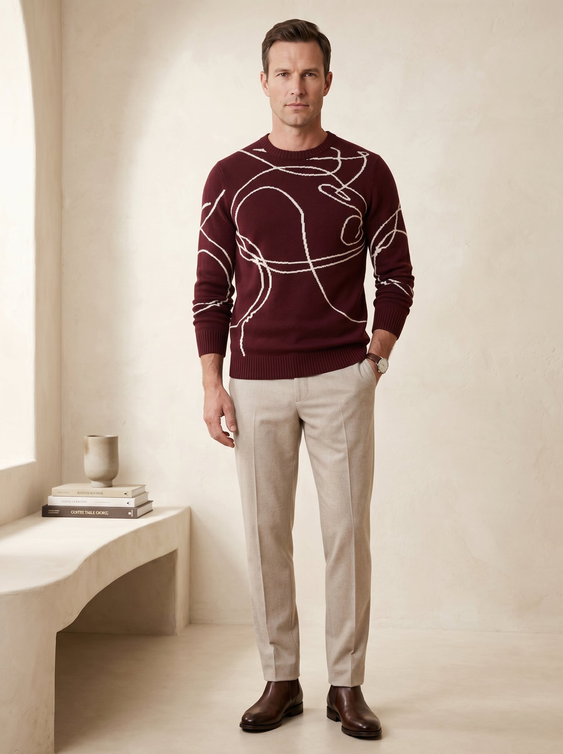 ZHILIFS | Men's Patterned Crew Neck Pullover — Wine red