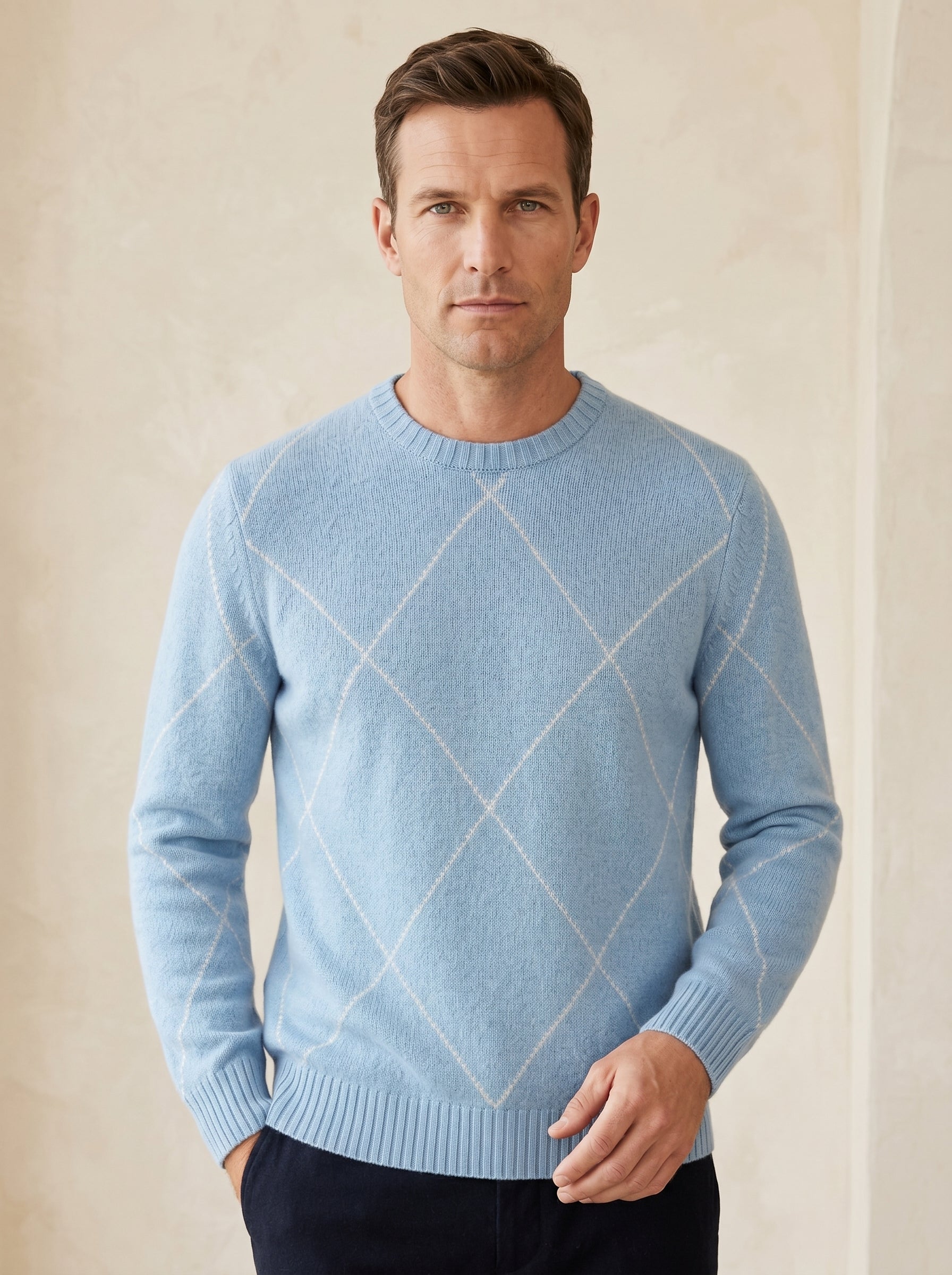 ZHILIFS | Men's Argyle Crew Neck Pullover — Sky blue