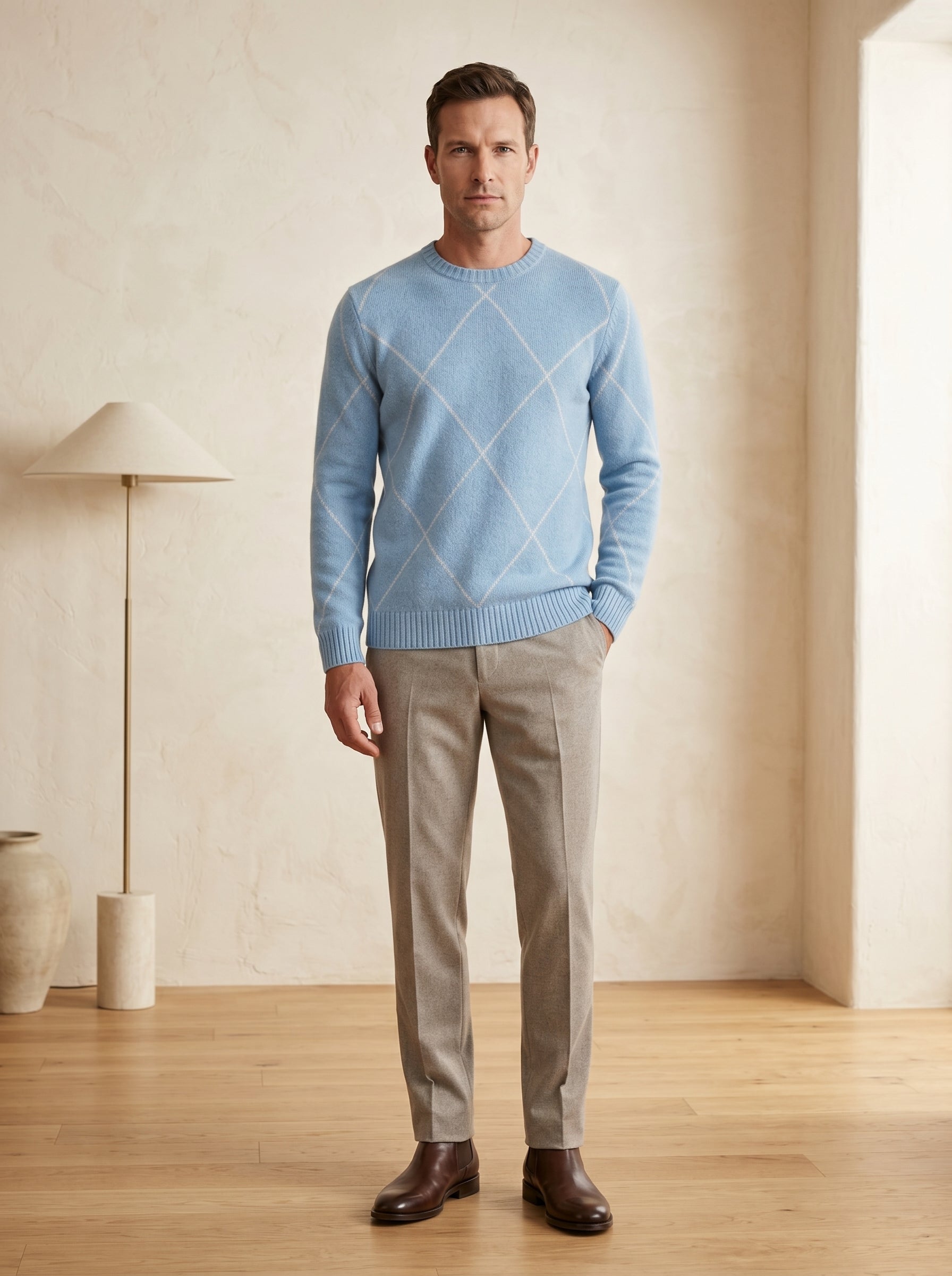ZHILIFS | Men's Argyle Crew Neck Pullover — Sky blue
