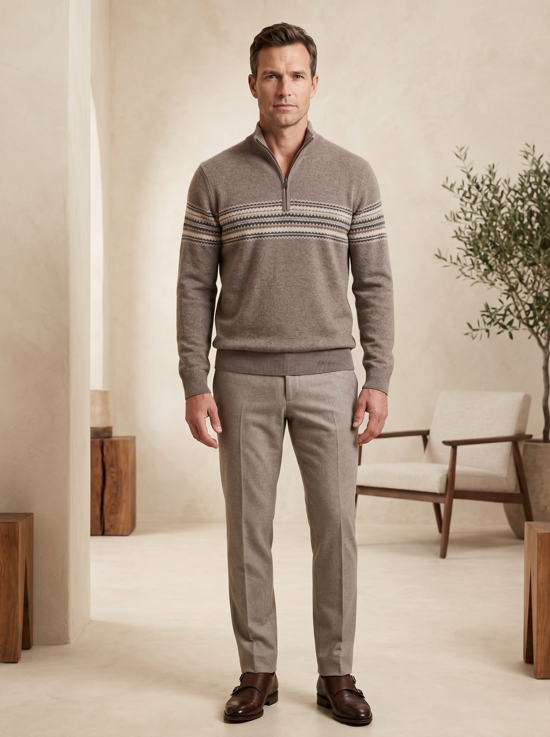 ZHILIFS | Men's Quarter Zip Mock Neck Pullover — Brown