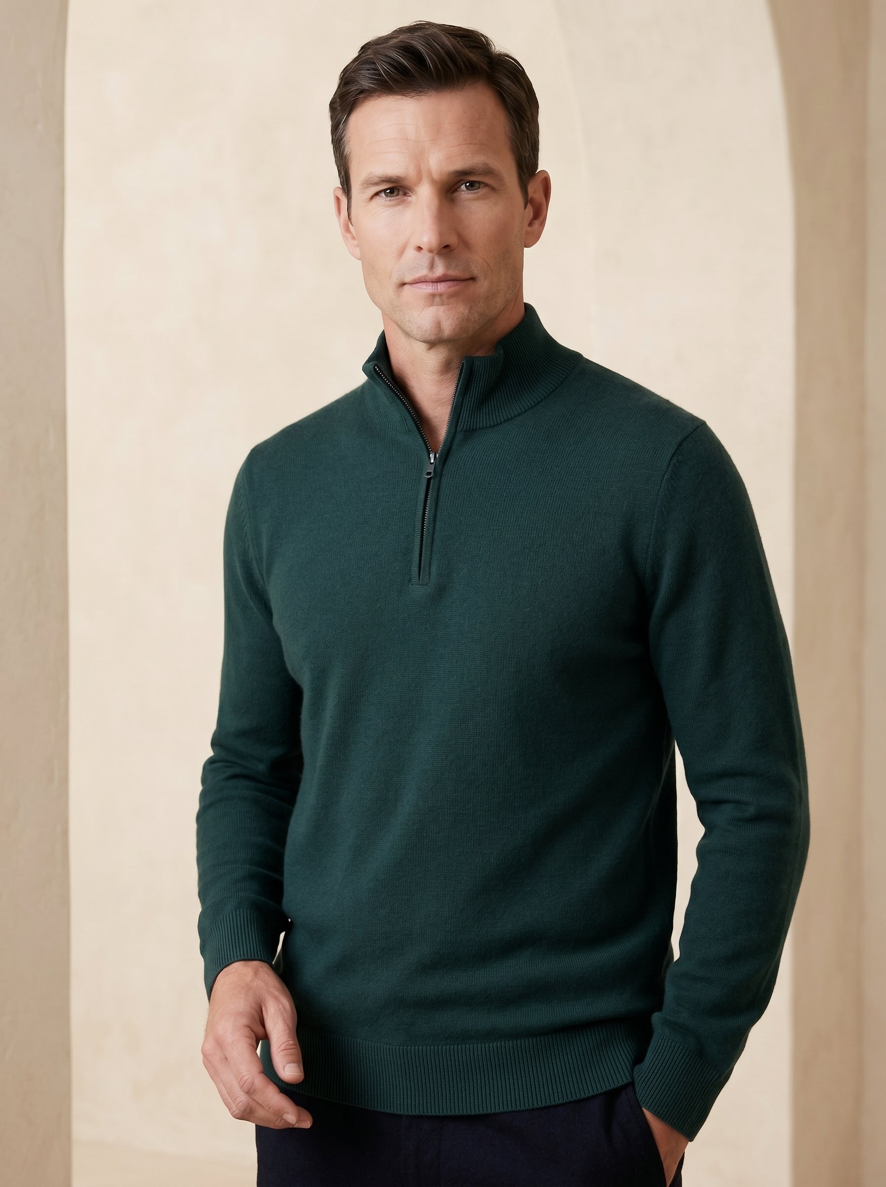 ZHILIFS | Men's Quarter Zip Mock Neck Pullover — Dark green