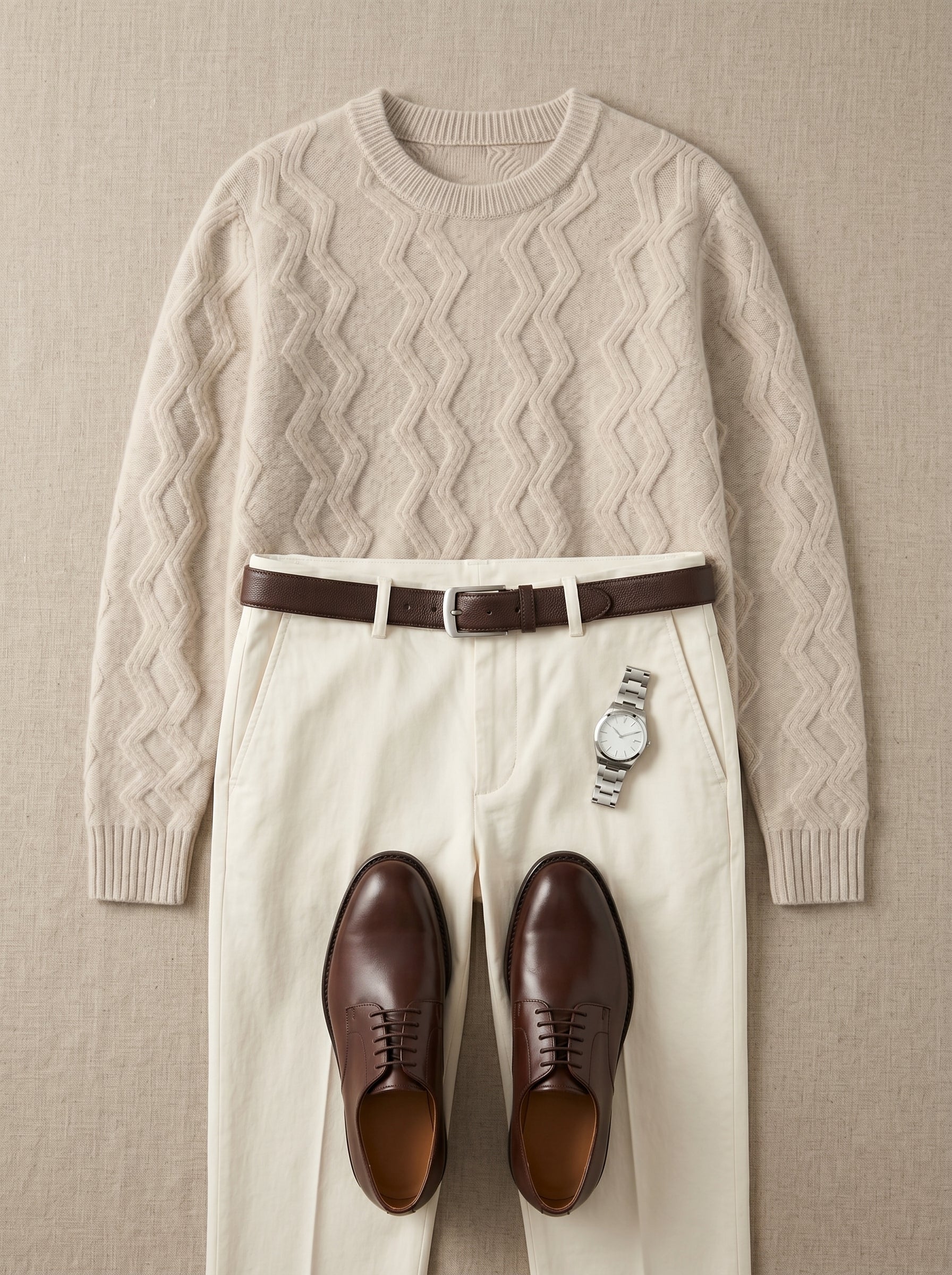 ZHILIFS | Men's Cable Crew Neck Pullover — Beige