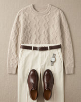 ZHILIFS | Men's Cable Crew Neck Pullover — Beige