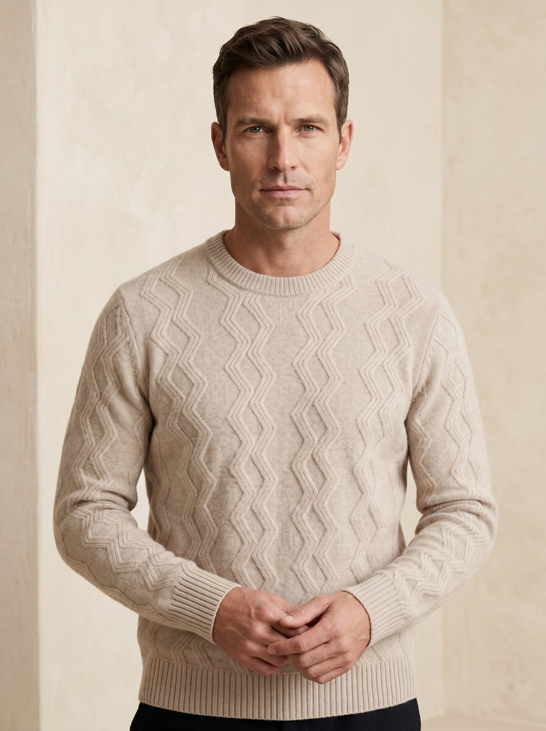 ZHILIFS | Men's Cable Crew Neck Pullover — Beige