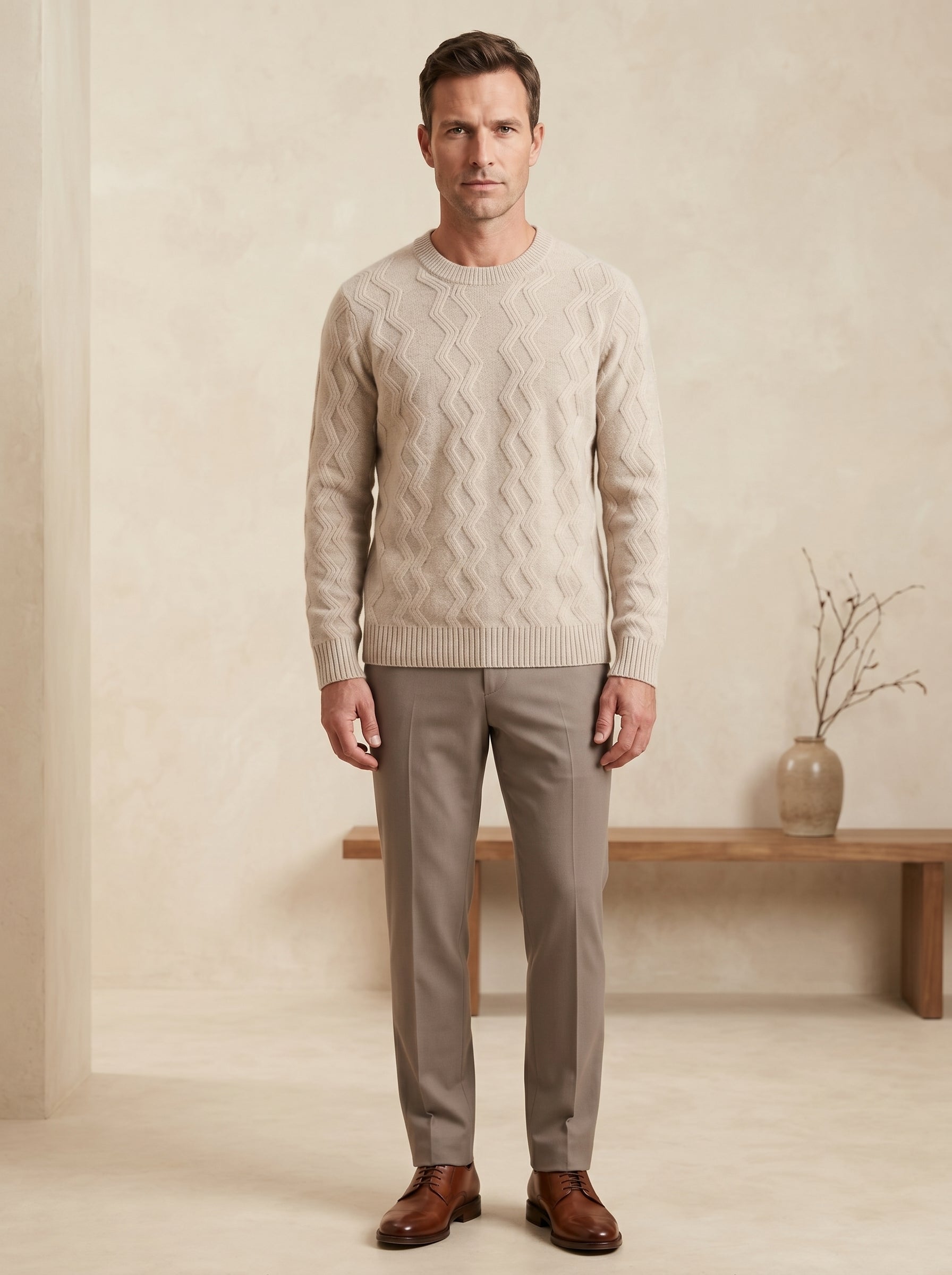 ZHILIFS | Men's Cable Crew Neck Pullover — Beige
